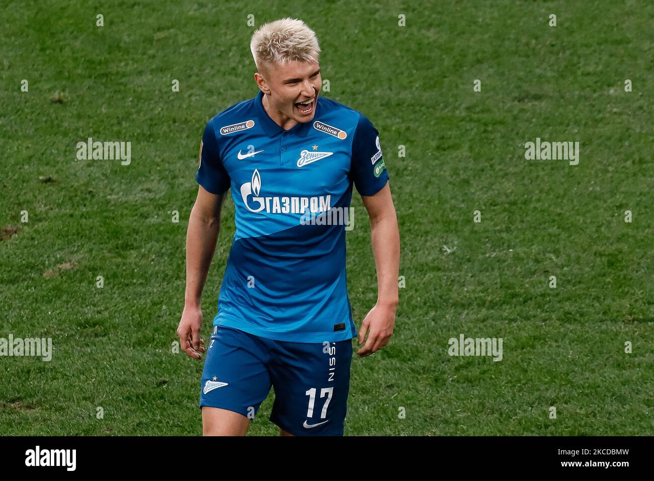 Andrei Mostovoy of Zenit Saint Petersburg celebrates his goal during the Russian Premier League match between FC Zenit Saint Petersburg and FC Rotor Volgograd on April 24, 2021 at Gazprom Arena in Andrei Mostovoy of Zenit Saint Petersburg celebrates his goal during the Russian Premier League match between FC Zenit Saint Petersburg and FC Rotor Volgograd on April 24, 2021 at Gazprom Arena in