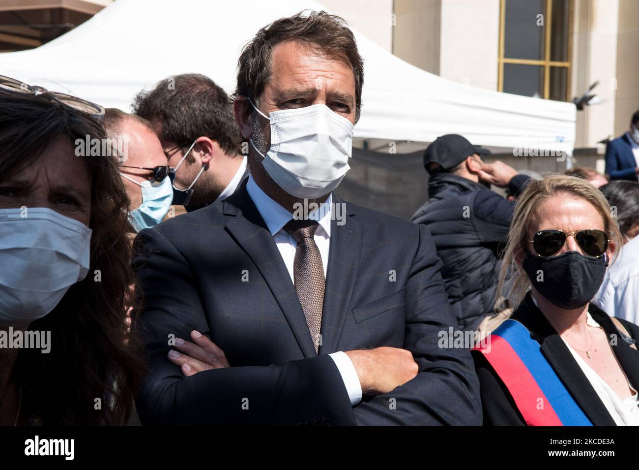 Christophe Castaner, former Interior Minister and leader of LRM parlamentary group, takes part in the large demonstration to demand justice for Sarah Halimi, killed with the motive of anti-Semitism in 2017, organised at the Trocadero, in Paris, on April 25, 2021. (Photo by Andrea Savorani Neri/NurPhoto) Stock Photo