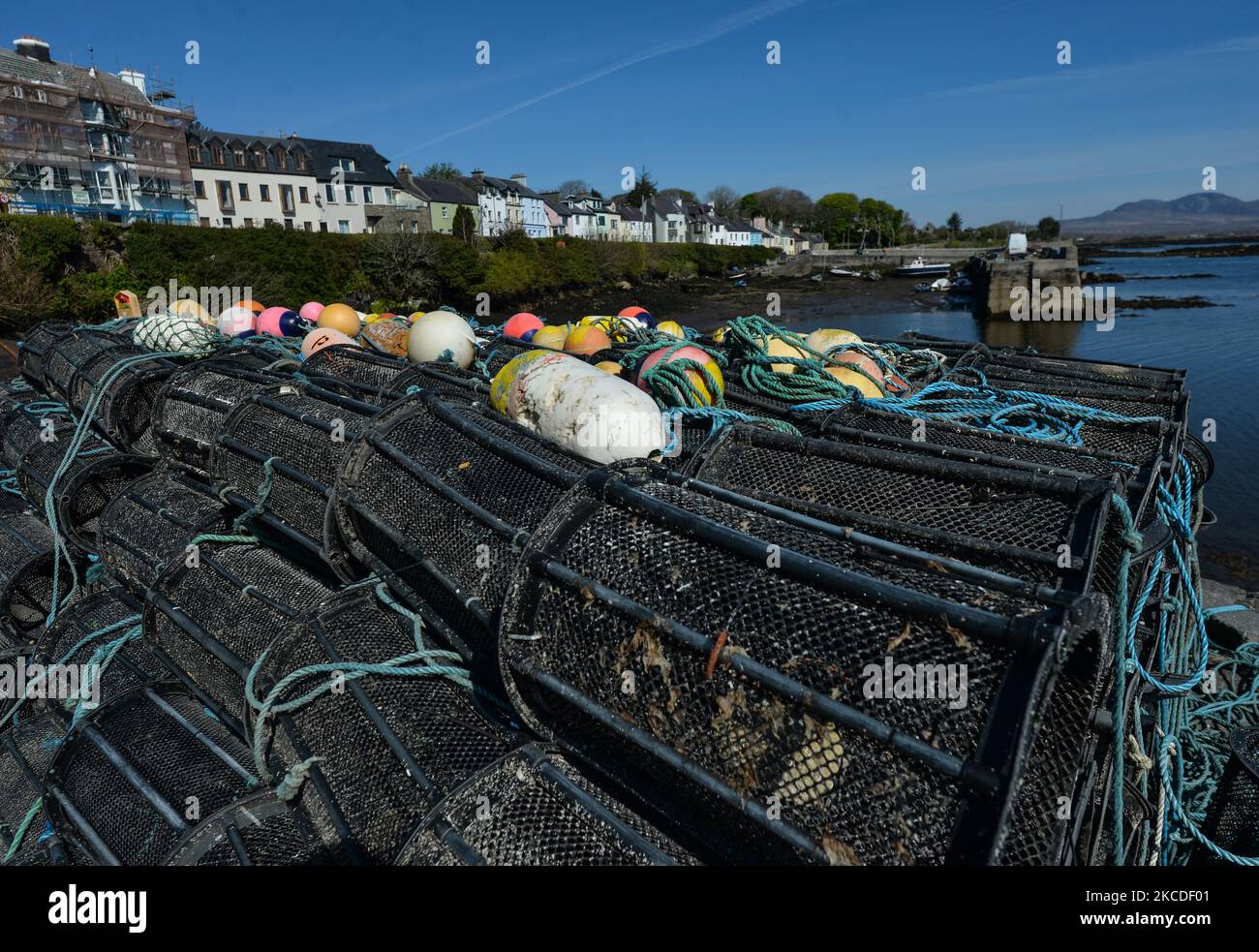 A view of crab boxes stocked on Roundstone Pier during the COVID 19