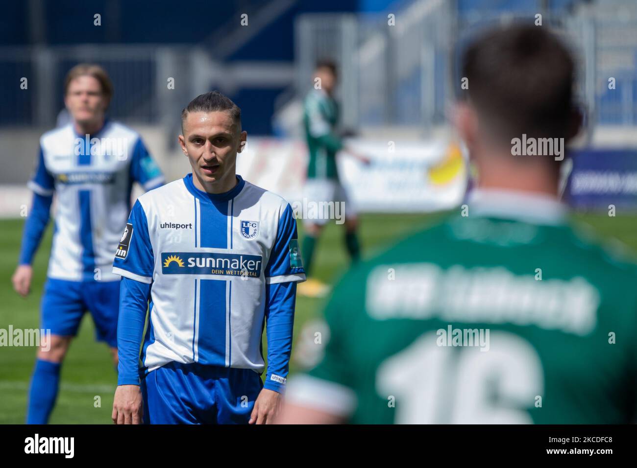 Baris Atik of Magdeburg looks on during the 3. Liga match between 1. FC Magdeburg and VfB Luebeck at MDCC-Arena on April 25, 2021 in Magdeburg, Germany. (Photo by Peter Niedung/NurPhoto) Stock Photo