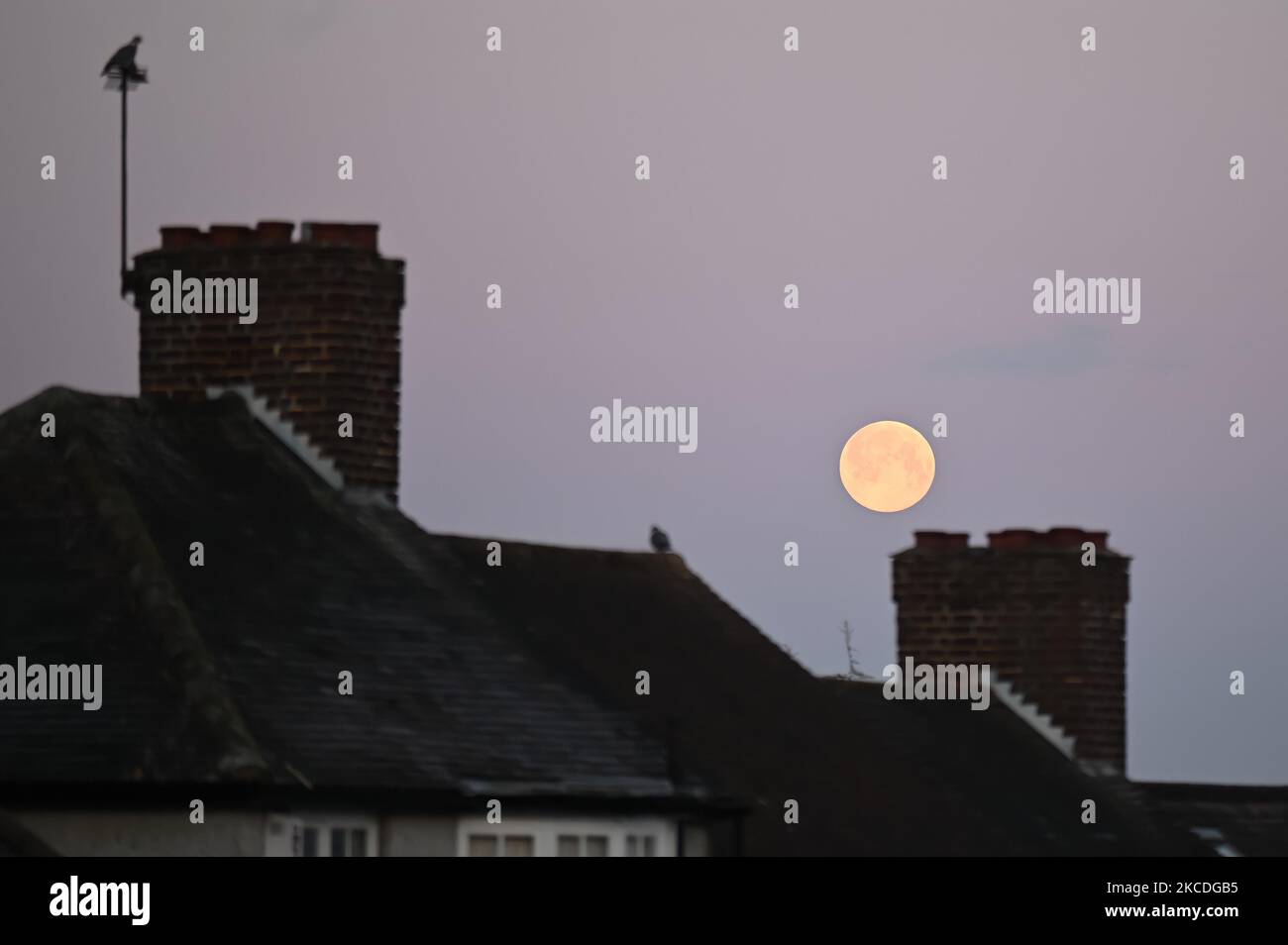 The supermoon rises above South East London, UK on April 27, 2021. A supermoon is a full moon or a new moon that nearly coincides with perigee--the closest that the Moon comes to the Earth. (Photo by Robin Pope/NurPhoto) Stock Photo