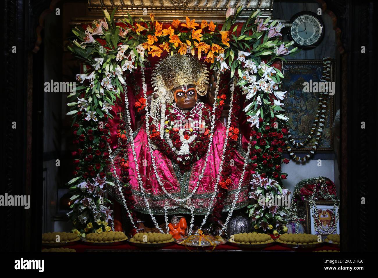Decorative view of Kale Hanuman Ji Temple on the occasion of Hanuman Jayanti, due to COVID-19 devotees are not allowed for darshan inside the temple premises ,amid surge in coronavirus cases, in Jaipur, Rajasthan, India, April 27, 2021. (Photo by Vishal Bhatnagar/NurPhoto) Stock Photo