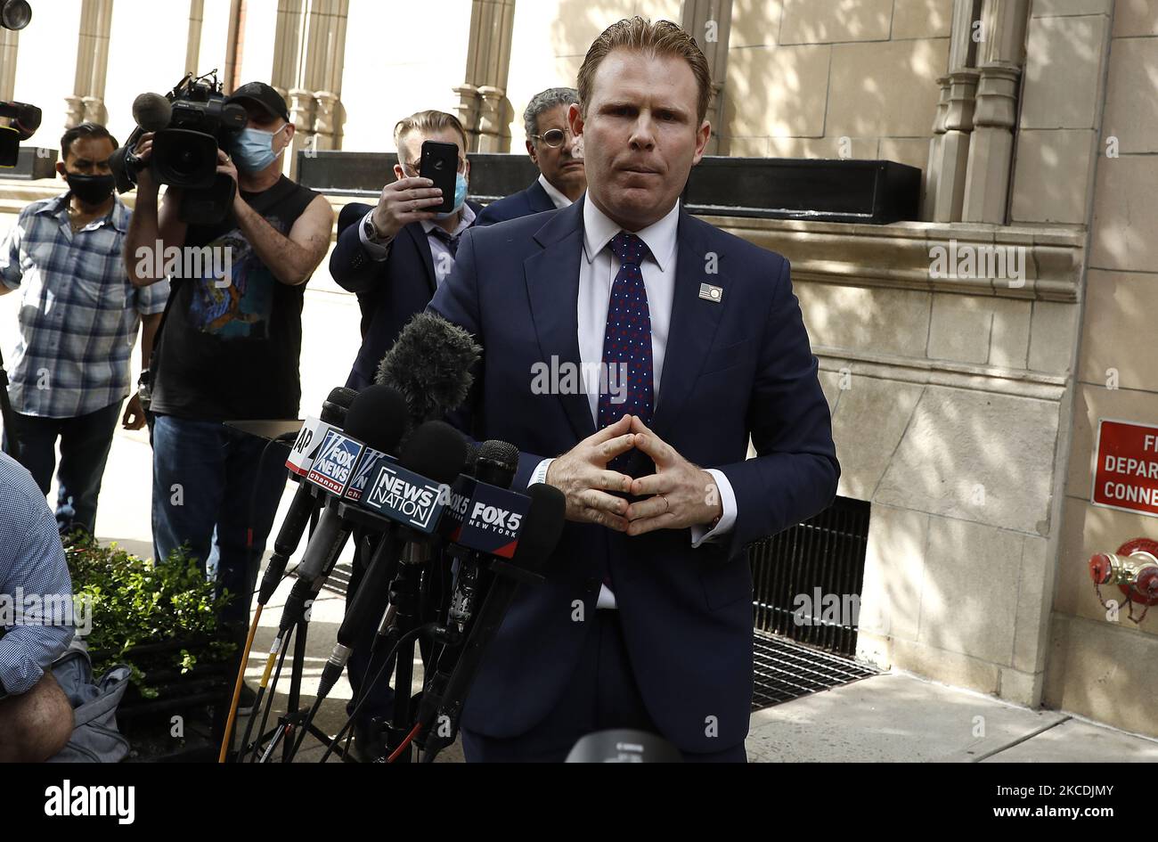 Andrew Giuliani holds a press conference following a federal search warrant executed for Rudi Giuliani on April 28,2021 in New York City. Federal agents executed a search warrant at the former Donald Trump Lawyers residence in connection to his role in the Ukraine dealings during the former administration. (Photo by John Lamparski/NurPhoto) Stock Photo