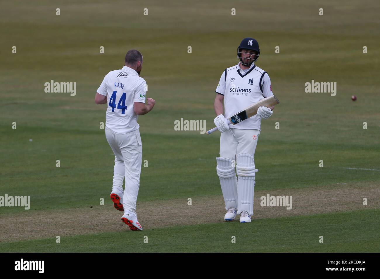 Durham's Ben Raine celebrates after trapping Warwickshore's Will Rhodes LBW during the LV= County Championship match between Durham County Cricket Club and Warwickshire County Cricket Club at Emirates Riverside, Chester le Street, UK on 29th April 2021. (Photo by Mark Fletcher/MI News/NurPhoto) Stock Photo