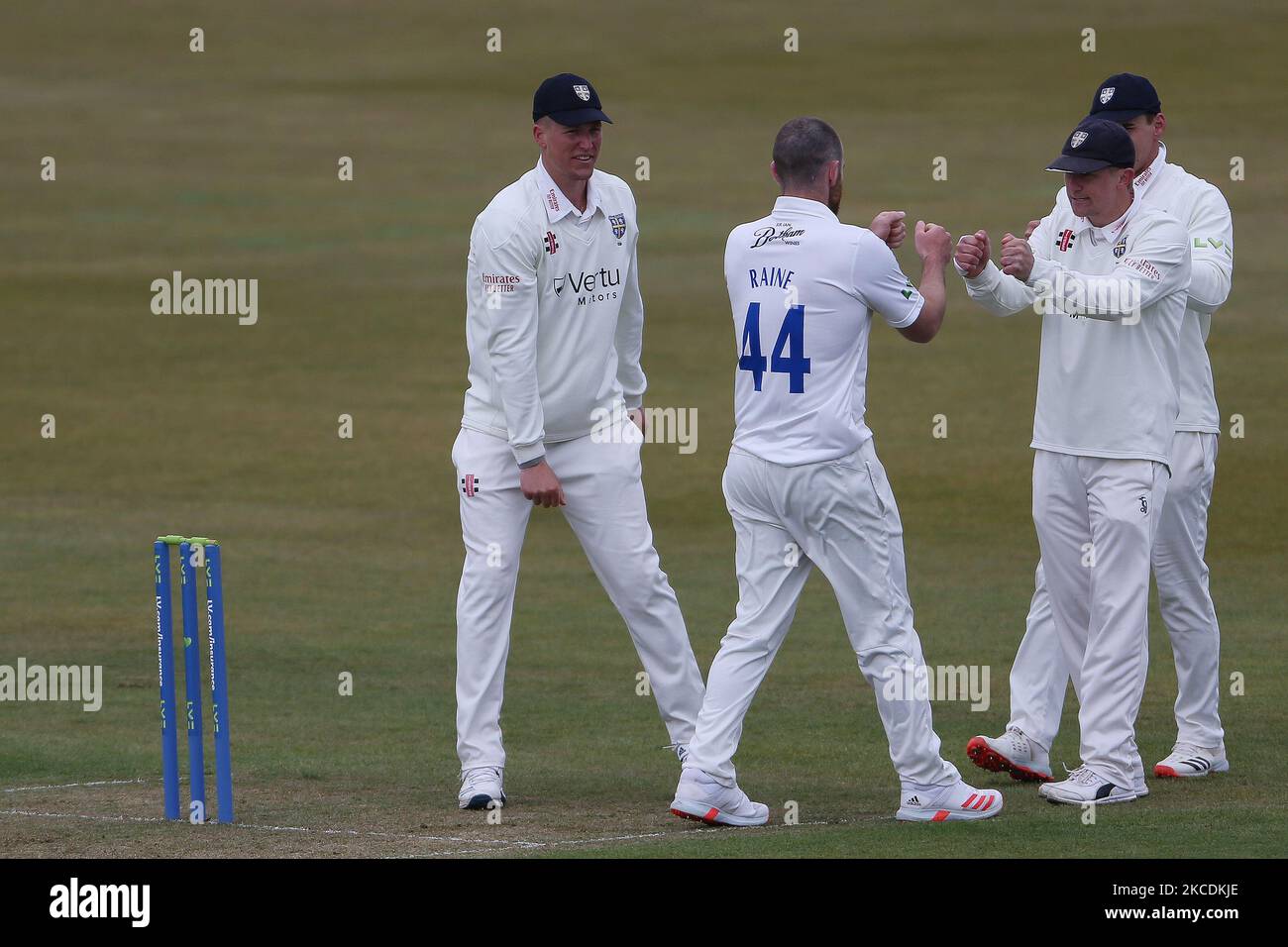 Durham's Ben Raine celebrates after trapping Warwickshore's Will Rhodes LBW during the LV= County Championship match between Durham County Cricket Club and Warwickshire County Cricket Club at Emirates Riverside, Chester le Street, UK on 29th April 2021. (Photo by Mark Fletcher/MI News/NurPhoto) Stock Photo