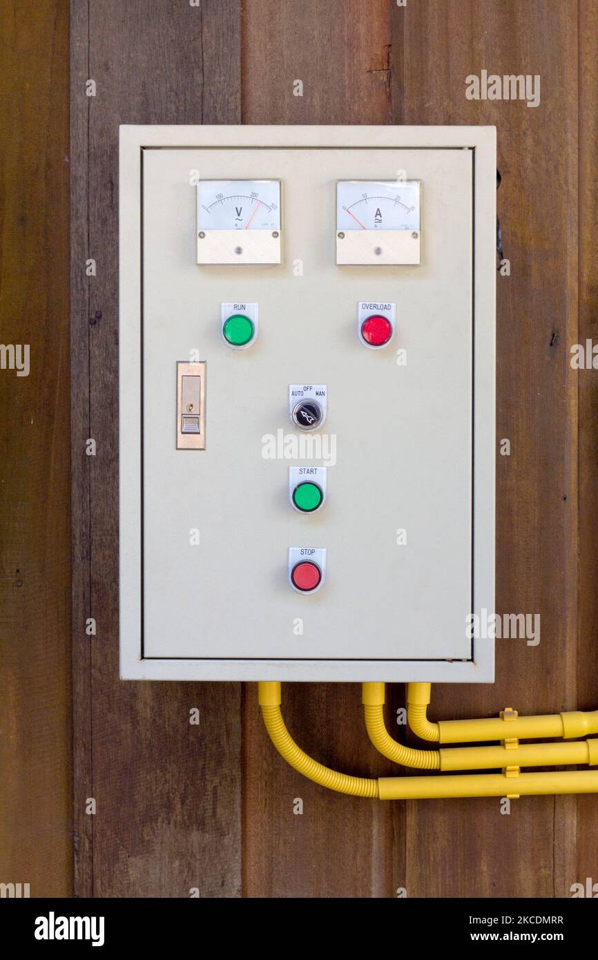 Old Electric Control Box on wooden wall Stock Photo