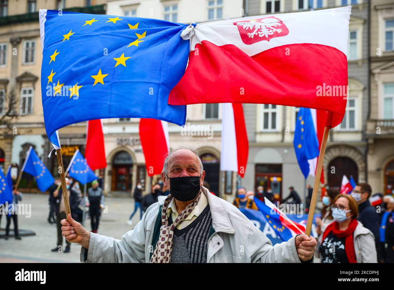 People celebrate 17-year of Polish membership in the European Union. Krakow, Poland on May 1st, 2021. Despite of the coronavirus pandemic and ban for gatherings larger than five persons, around 200 participants marched through the city cente, proud of being members of European community. (Photo by Beata Zawrzel/NurPhoto) Stock Photo