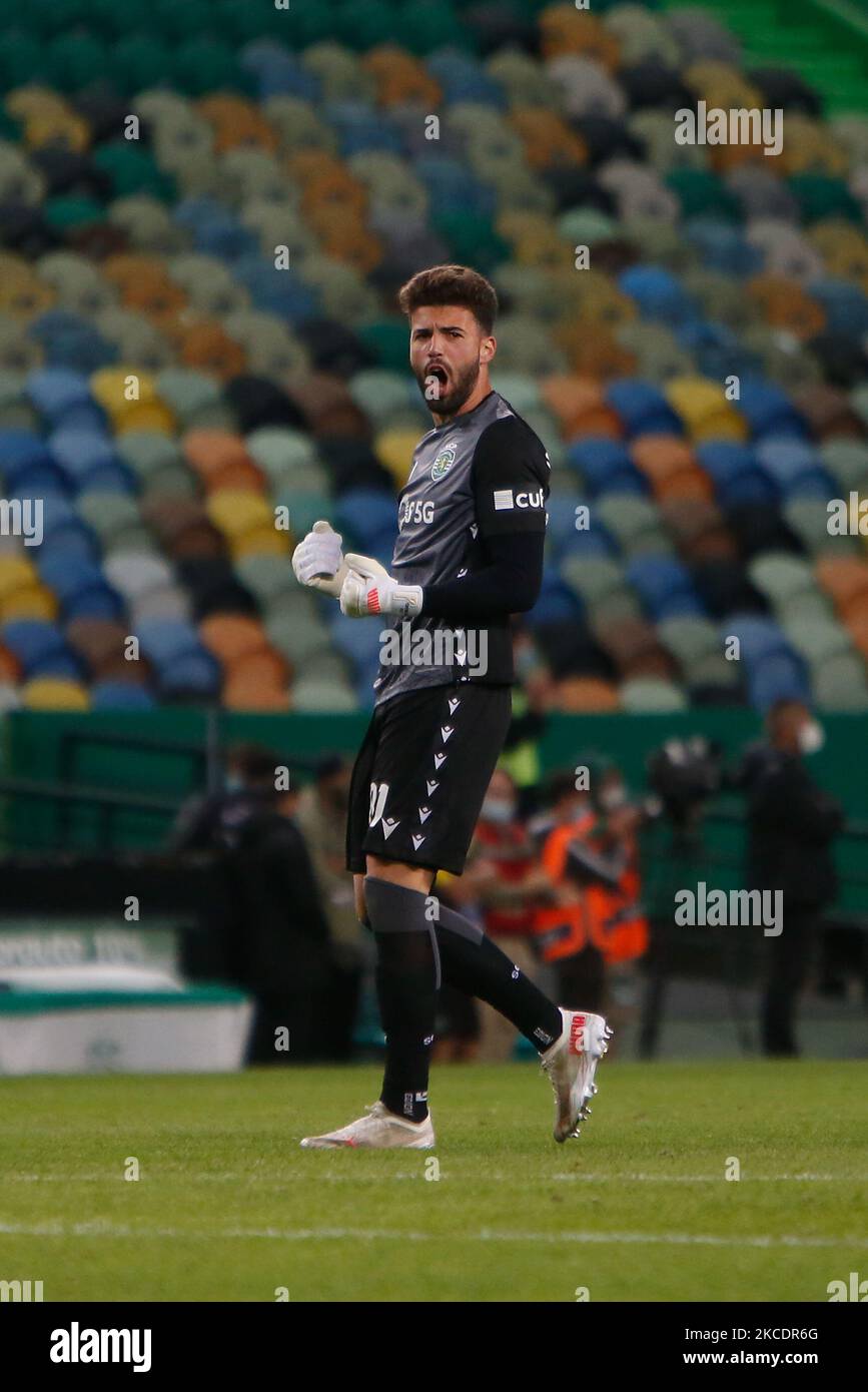 Luís Maximiano goalkeeper of Sporting CP celebrates his team's first goal during the Liga Nos match between Sporting CP and CD Nacional at Estádio Jose Alvalade on May 1, 2021 in Lisbon, Portugal. (Photo by Valter Gouveia/NurPhoto) Stock Photo