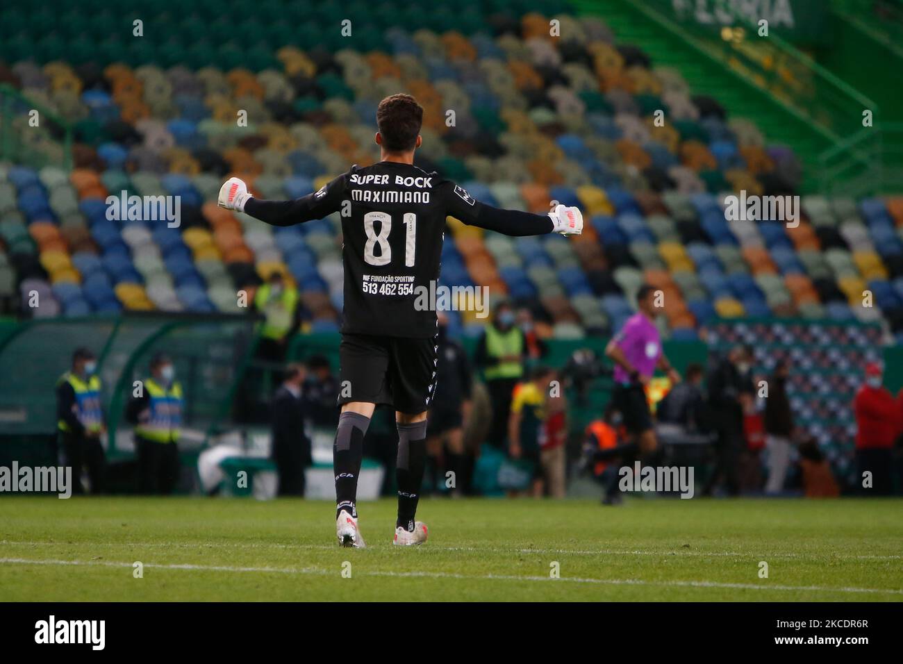 Luís Maximiano goalkeeper of Sporting CP reacts during the Liga Nos match between Sporting CP and CD Nacional at Estádio Jose Alvalade on May 1, 2021 in Lisbon, Portugal. (Photo by Valter Gouveia/NurPhoto) Stock Photo