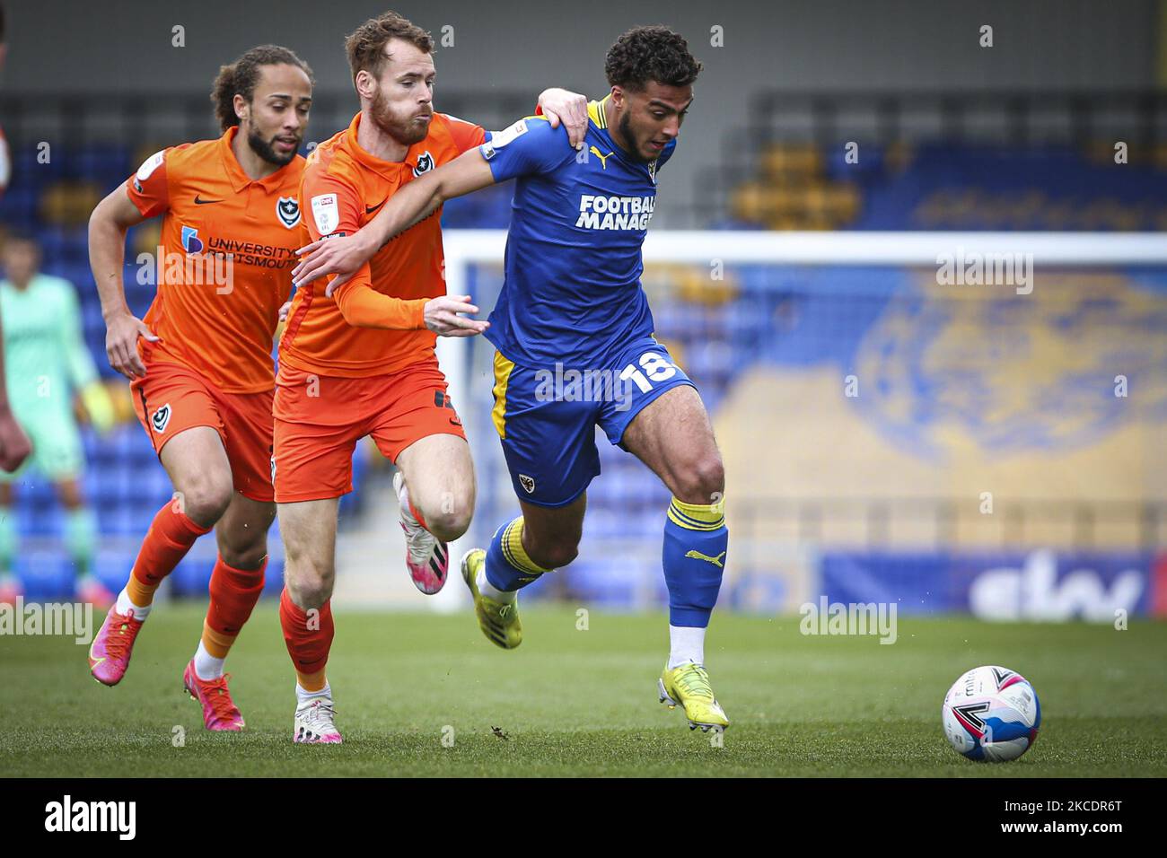 Nesta Guinness-Walker of AFC Wimbledon is pursued by Tom Naylor of Portsmouth during the Sky Bet League 1 match between AFC Wimbledon and Portsmouth at the Kingsmeadow Stadium, Kingston on Saturday 1st May 2021. (Credit: Tom West | MI News) (Photo by MI News/NurPhoto) Stock Photo