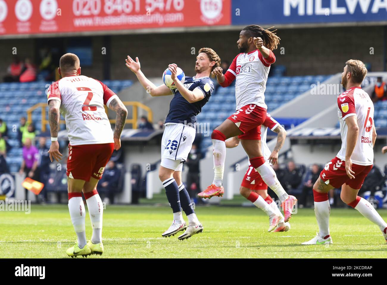 George Evans of Millwall battles for possession with Kasey Palmer of Bristol City during the Sky Bet Championship match between Millwall and Bristol City at The Den, London on Saturday 1st May 2021. (Photo by Ivan Yordonov/MI News/NurPhoto) Stock Photo