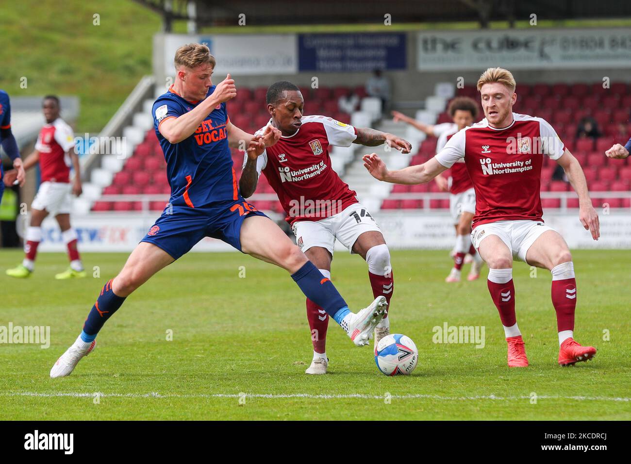 Northampton Town's Mickel Miller is challenged by Blackpool's Daniel Ballard during the first half of the Sky Bet League One match between Northampton Town and Blackpool at the PTS Academy Stadium, Northampton on Saturday 1st May 2021. (Photo by John Cripps/MI News/NurPhoto) Stock Photo