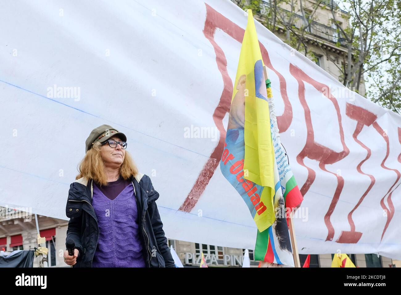 The CDK-F spokesperson during the May Day demonstration in Paris during the International Workers Day, in Paris, France, on May 1, 2021. (Photo by Vincent Koebel/NurPhoto) Stock Photo
