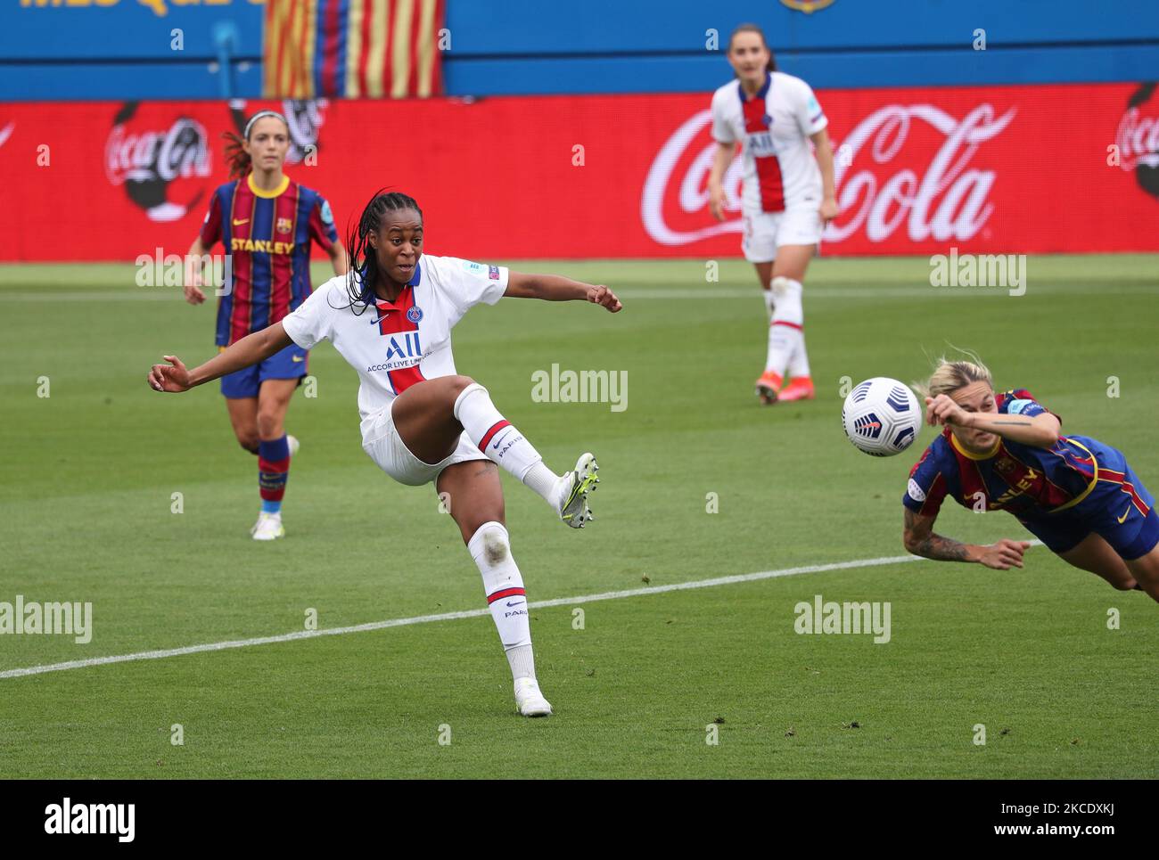 Marie-Antoinette Katoto and Mapi Leon during the match between FC Barcelona and PSG, corresponding to the second match of the semifinals of the Womens UEFA Champiions League, played at the Johan Cruyff Stadium, on 02th May 2021, in Barcelona, Spain. -- (Photo by Urbanandsport/NurPhoto) Stock Photo