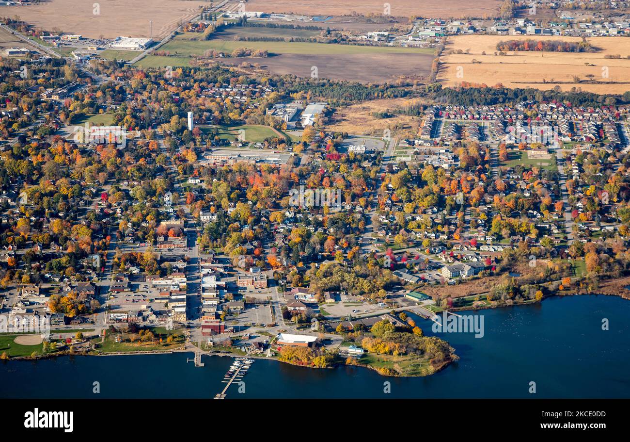 An Aerial stock image of the town of Port Perry on Lake Scugog, Ontario destination. Stock Photo