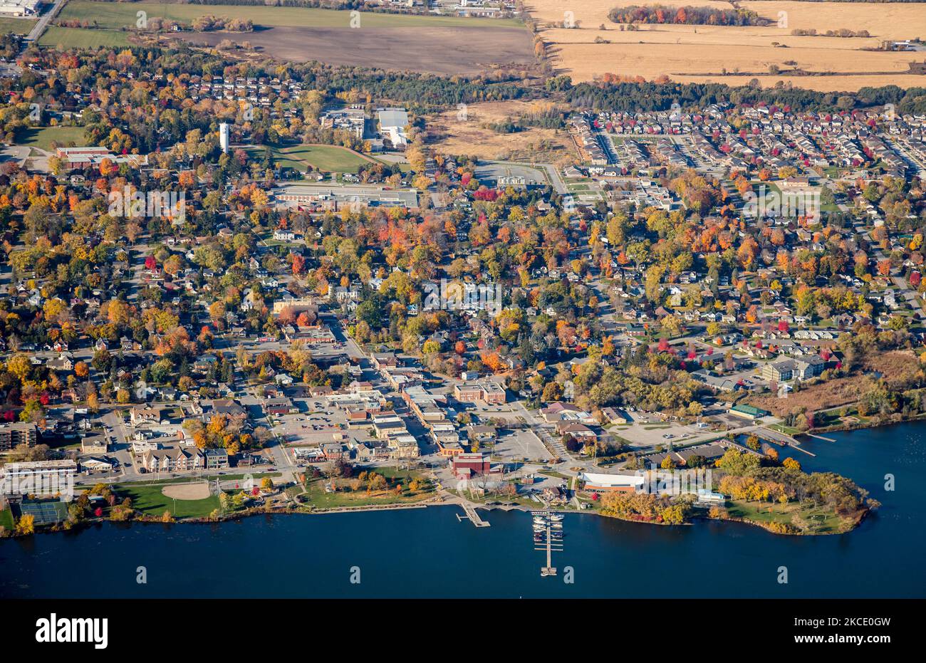 An Aerial stock image of the town of Port Perry on Lake Scugog, Ontario destination. Stock Photo