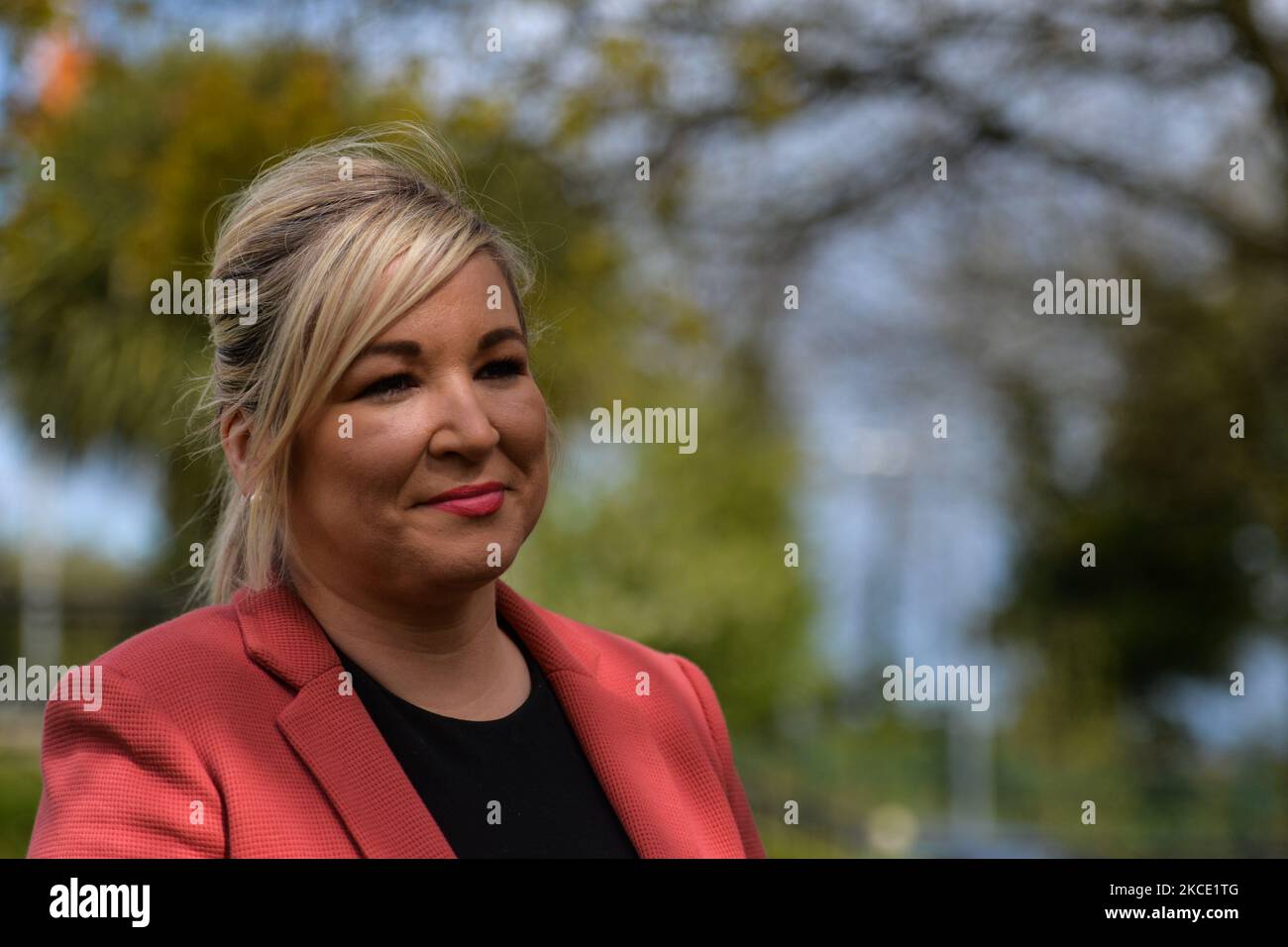 Michelle O'Neill, Northern Ireland Deputy First Minister, visits Roddy McCorley Society to turn the first Sod on a new Museum - Roddy McCorley Heritage centre, in West Belfast. On Wednesday, May 5, 2021, in Belfast, Northern Ireland (Photo by Artur Widak/NurPhoto) Stock Photo