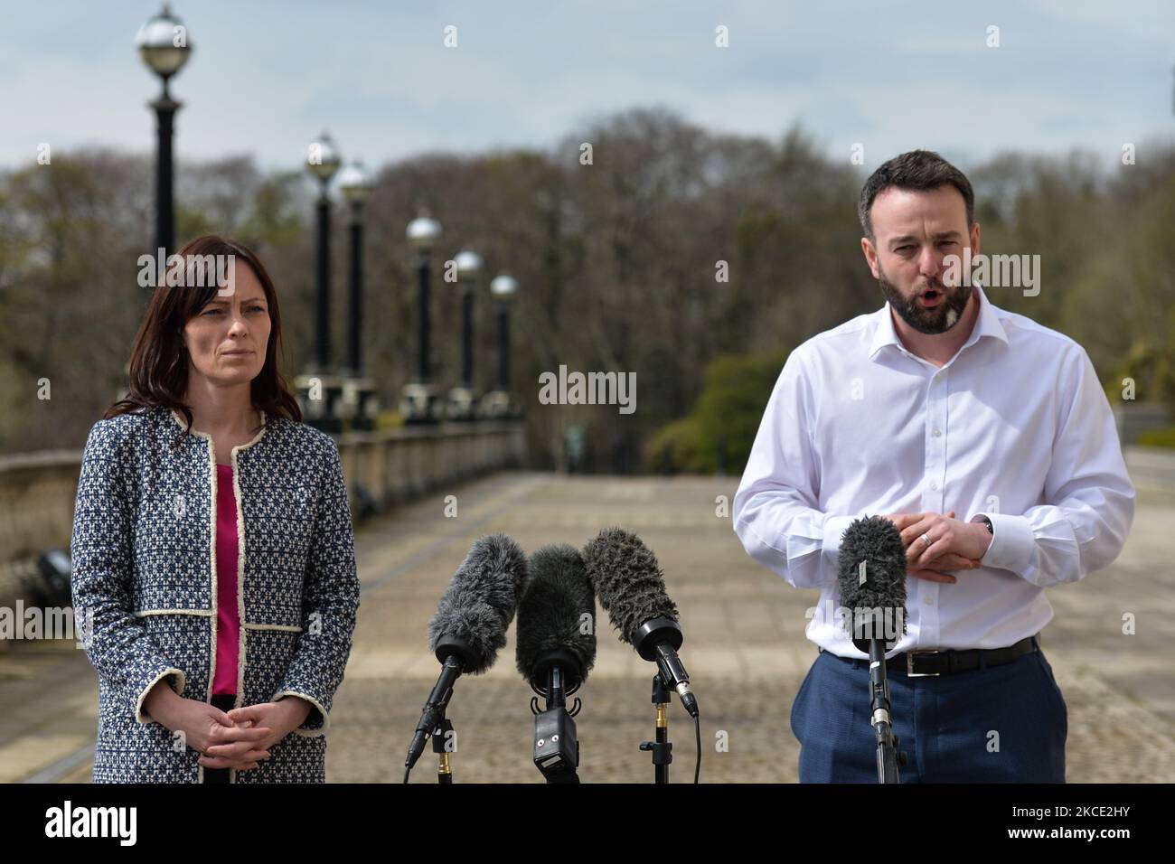 Social Democratic and Labour Party (SDLP) leader Colum Eastwood (R) speaks outside Stormont in Belfast, following a loyalist protest in the city against Brexit's Northern Ireland Protocol. On Monday, April 19, 2021, in Belfast, Northern Ireland (Photo by Artur Widak/NurPhoto) Stock Photo