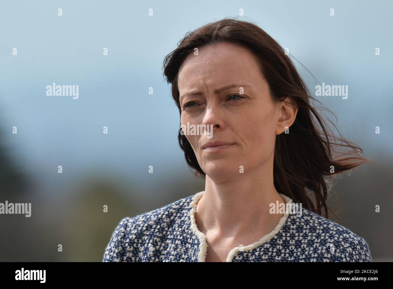Social Democratic and Labour Party (SDLP) deputy leader Nichola Mallon seen during a press briefing outside Stormont in Belfast, following a loyalist protest in the city against Brexit's Northern Ireland Protocol. On Monday, April 19, 2021, in Belfast, Northern Ireland (Photo by Artur Widak/NurPhoto) Stock Photo