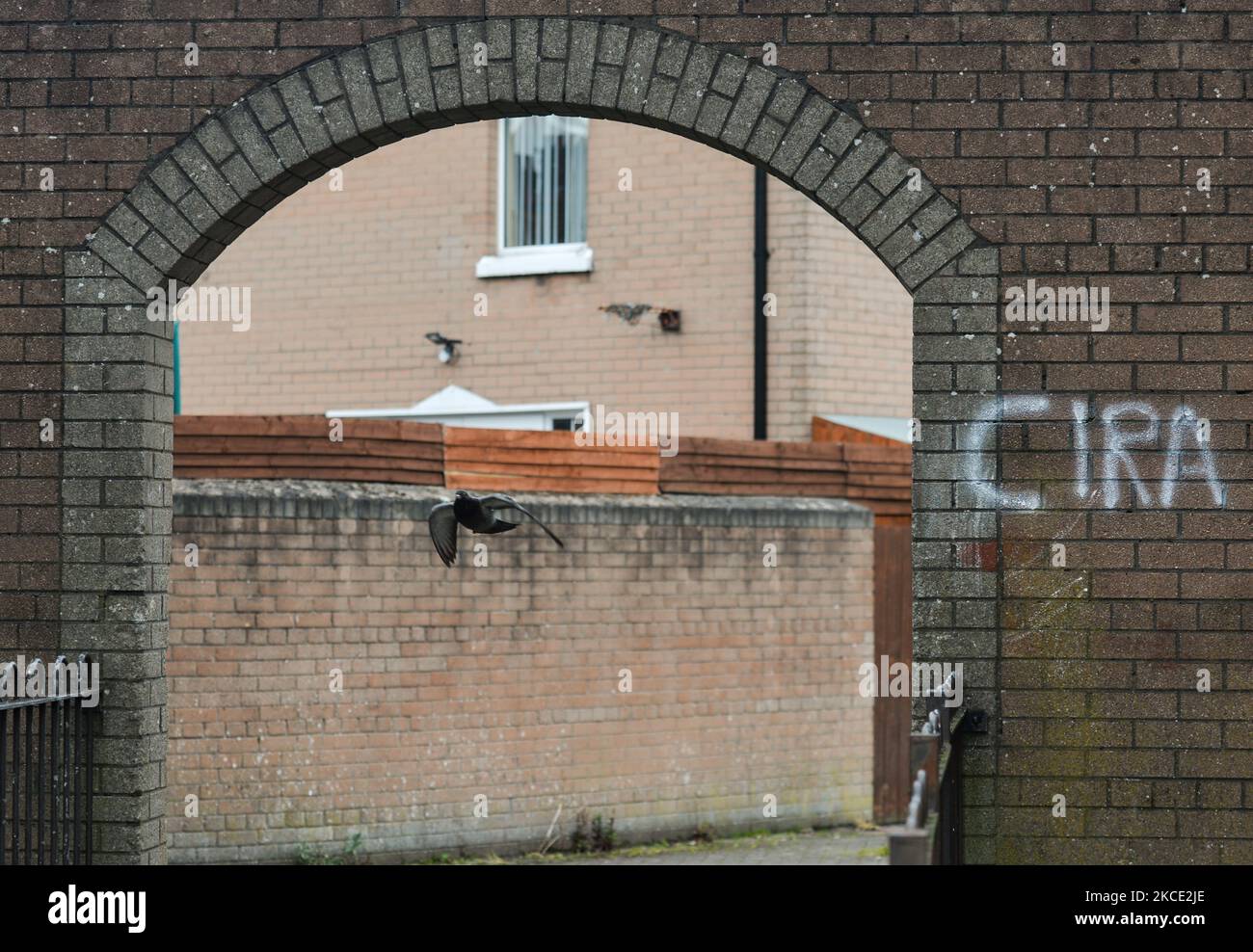 A dove flies through the gate separating the two communities in East Belfast with a small graffiti to the side that reads CIRA (Continuity Irish Republican Army). On Monday, April 19, 2021, in Belfast, Northern Ireland (Photo by Artur Widak/NurPhoto) Stock Photo