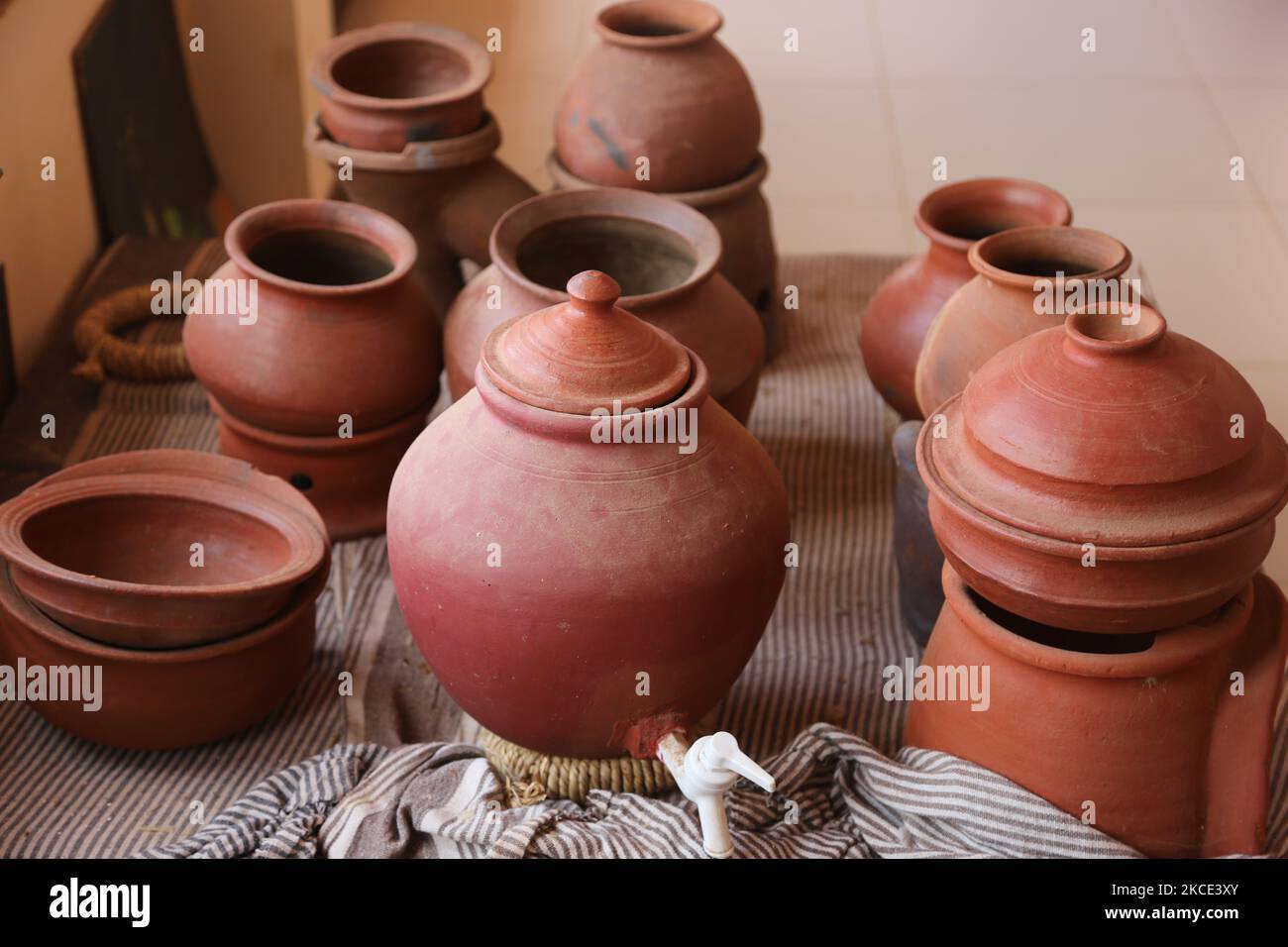 Clay pots and earthenware displayed at an exhibition of Hindu Cultural