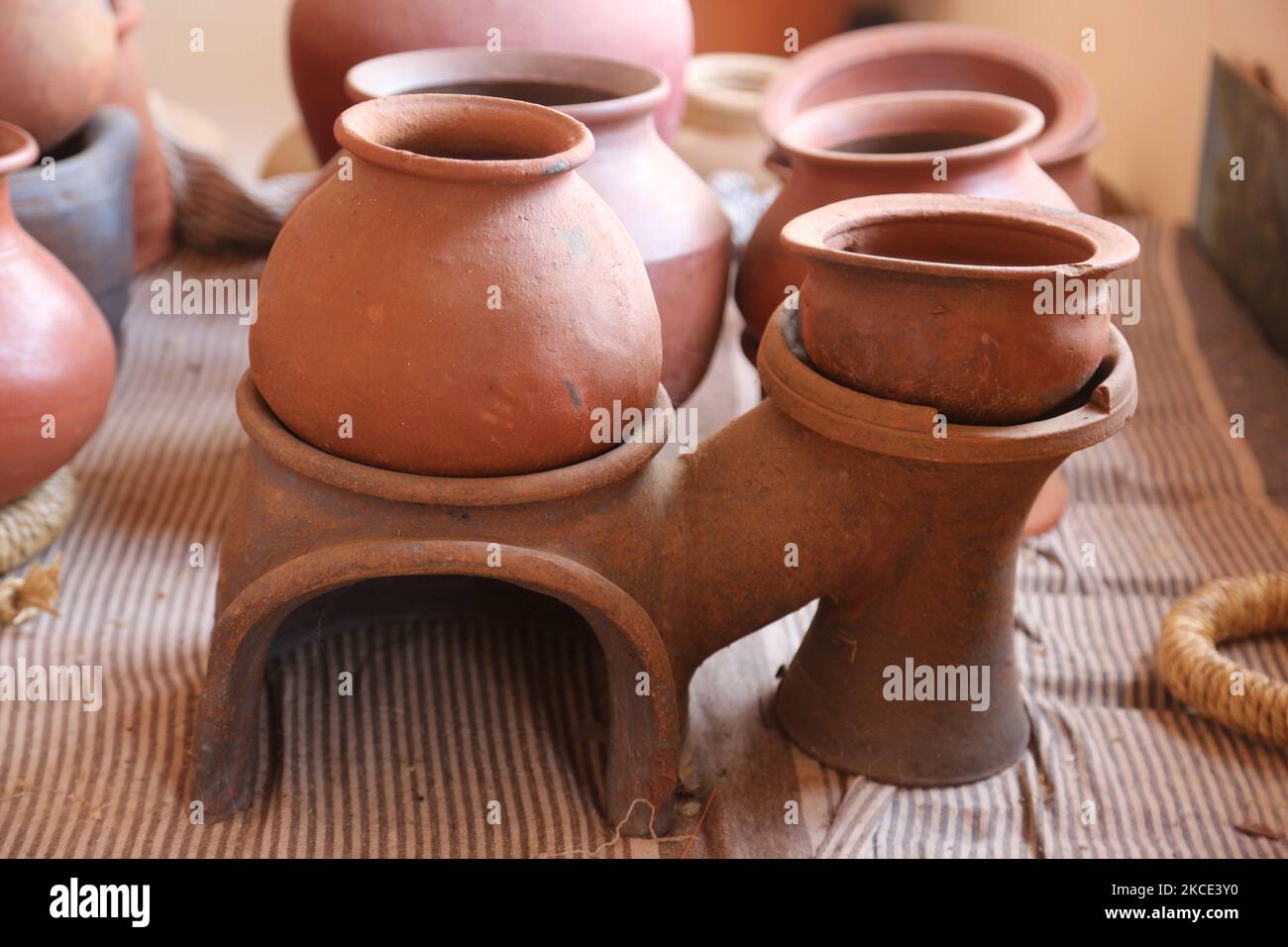 Clay pots and earthenware displayed at an exhibition of Hindu Cultural