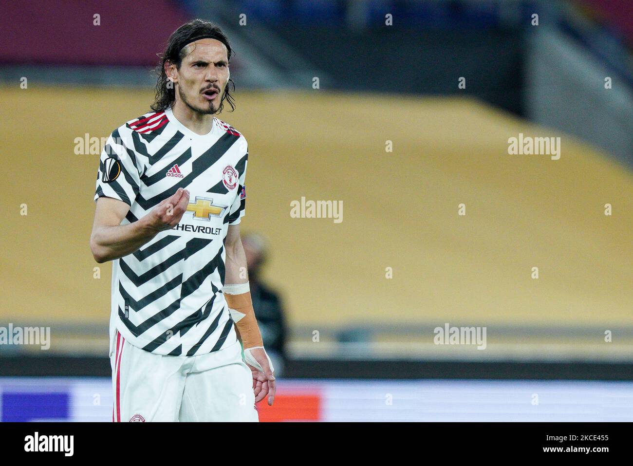 Edinson Cavani of Manchester United gestures during the UEFA Europa League Semi-Final match between AS Roma and Manchester United at Stadio Olimpico, Rome, Italy on 6 May 2021. (Photo by Giuseppe Maffia/NurPhoto) Stock Photo