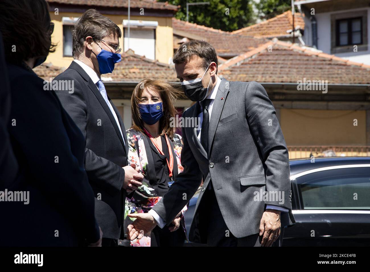 France's President Emmanuel Macron arrives for the Porto Social Summit hosted by the Portuguese presidency of the Council of the European Union at the Alfandega Congress Center in Porto on May 7, 2021. The Social summit of the European Commission in Porto, which was attended by several prime ministers. (Photo by Rita Franca/NurPhoto) Stock Photo