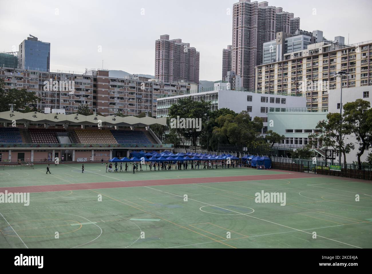 Tents for Covid-19 Test are set up in a playground in Hong Kong, China, on May 6, 2021. (Photo by Vernon Yuen/NurPhoto) Stock Photo