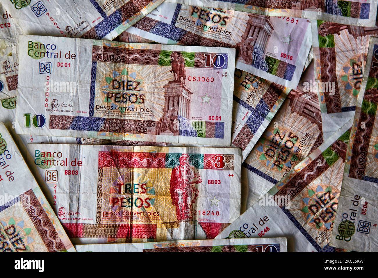 Assortment of Cuban convertible peso banknotes in Varadero, Cuba. Cuban convertible peso