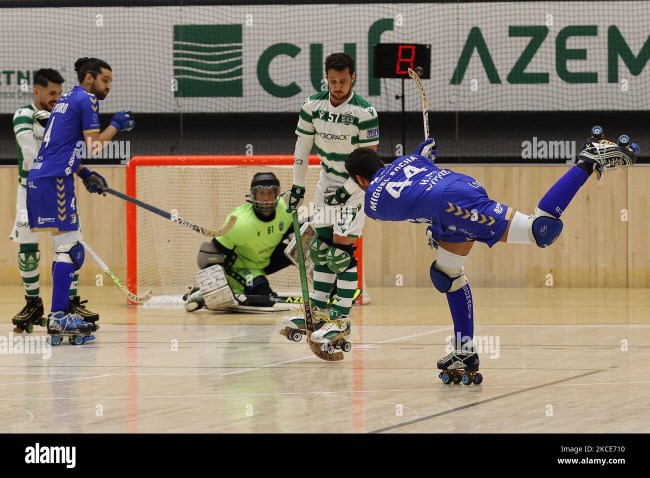 Miguel Rocha shoots during the Rink Hockey playoffs 1st leg between Sporting CP and OC Barcelos, at Pavilhão João Rocha, Lisboa, Portugal, 08, May, 2021 (Photo by João Rico/NurPhoto) Stock Photo