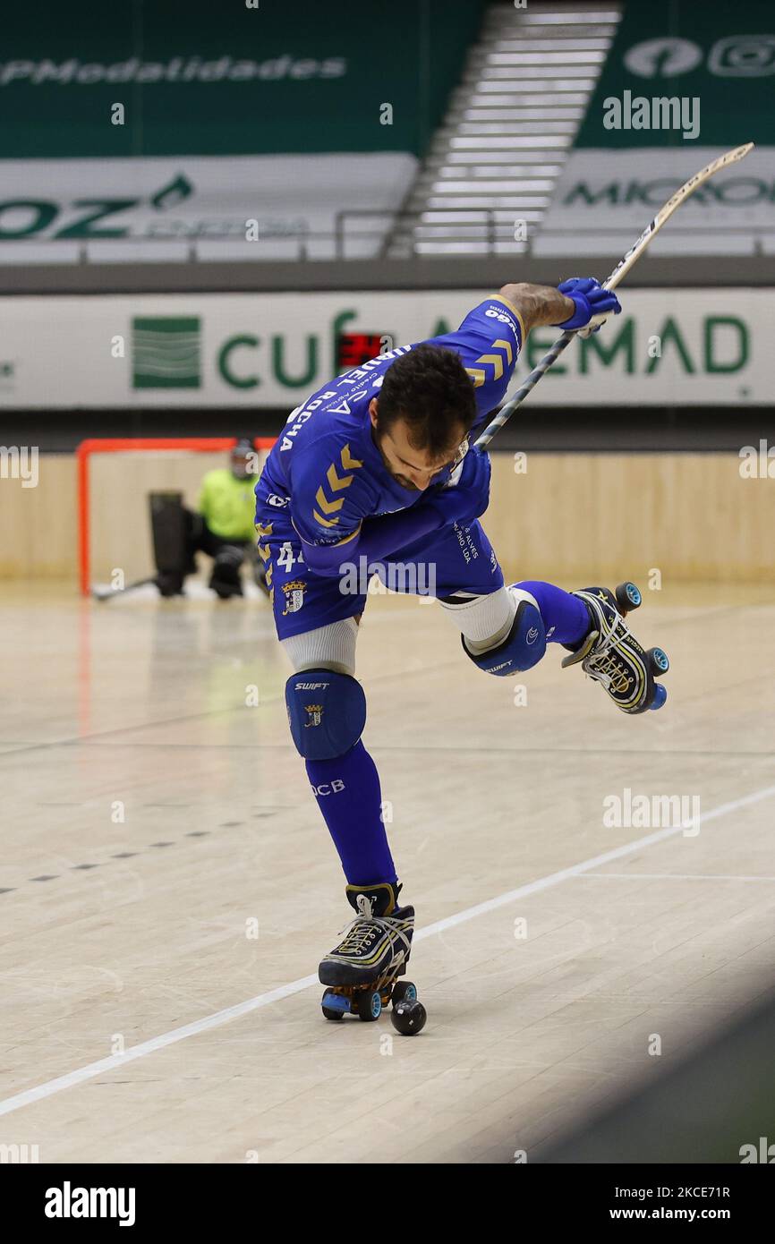 Miguel Rocha prepared to strike during the Rink Hockey playoffs 1st leg between Sporting CP and OC Barcelos, at Pavilhão João Rocha, Lisboa, Portugal, 08, May, 2021 (Photo by João Rico/NurPhoto) Stock Photo
