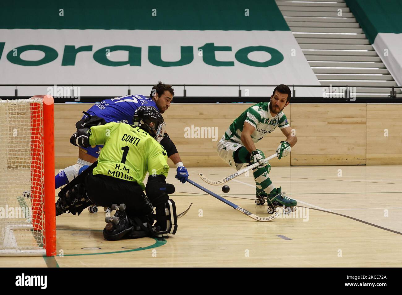 Constantino Acevedo in acton during the Rink Hockey playoffs 1st leg between Sporting CP and OC Barcelos, at Pavilhão João Rocha, Lisboa, Portugal, 08, May, 2021 (Photo by João Rico/NurPhoto) Stock Photo