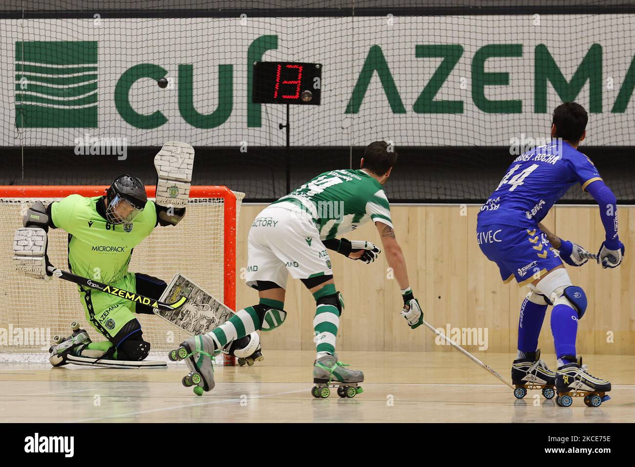 Miguel Rocha shoots and Angelo Girão defends during the Rink Hockey playoffs 1st leg between Sporting CP and OC Barcelos, at Pavilhão João Rocha, Lisboa, Portugal, 08, May, 2021 (Photo by João Rico/NurPhoto) Stock Photo