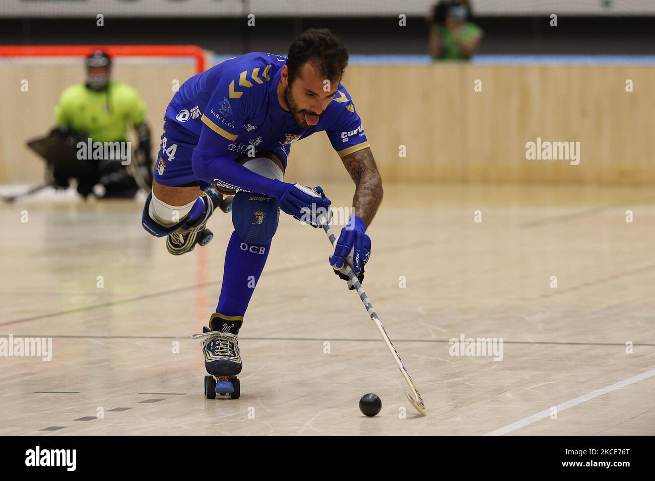 Miguel Rocha in action during the Rink Hockey playoffs 1st leg between Sporting CP and OC Barcelos, at Pavilhão João Rocha, Lisboa, Portugal, 08, May, 2021 (Photo by João Rico/NurPhoto) Stock Photo