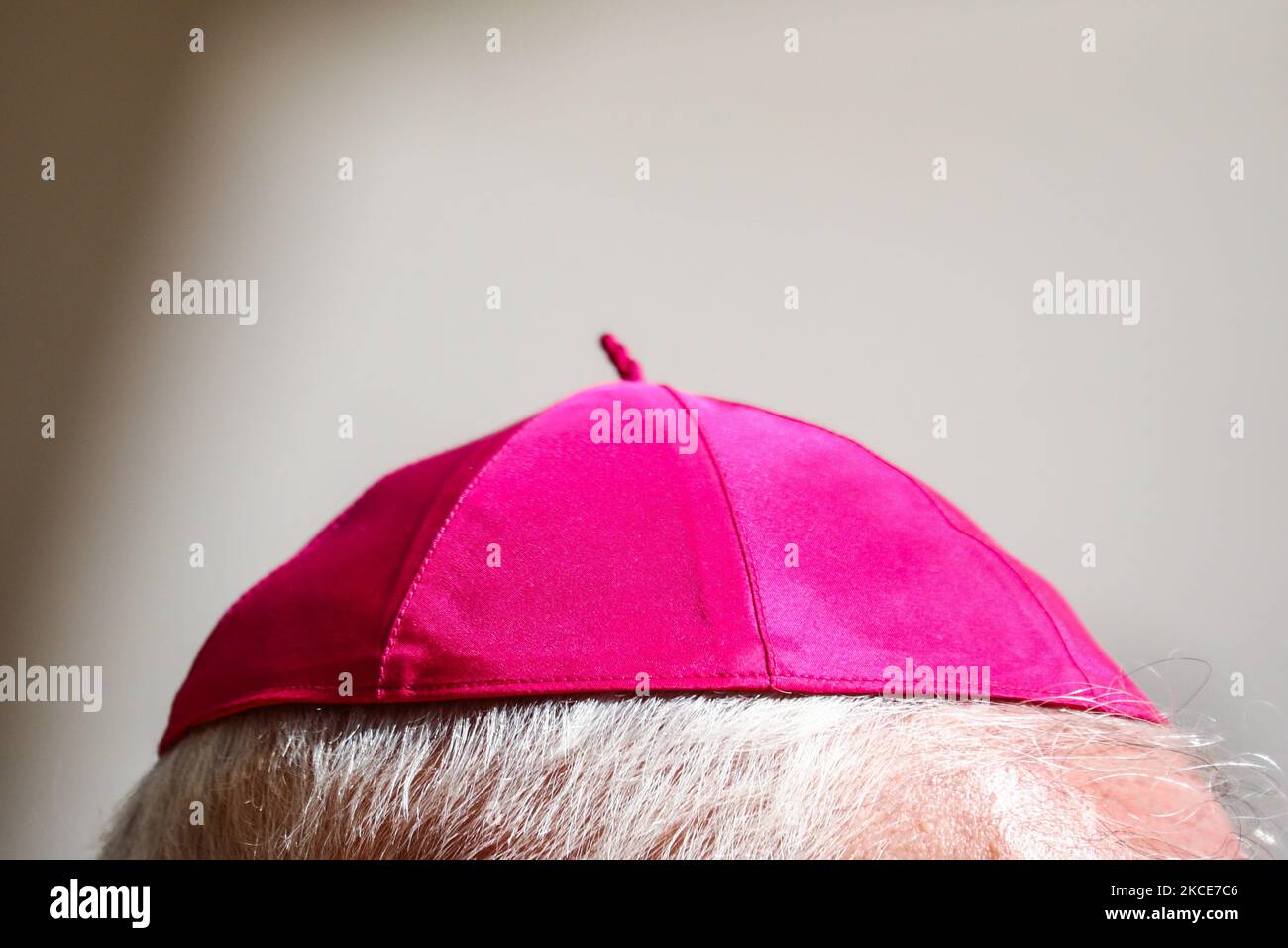 Bishop's zucchetto is seen during the ceremony commemorating St. Stanislaus at Church on the Rock in Krakow, Poland on May 9, 2021. Each year on the first Sunday following May 8, a procession honoring Stanislaus of Szczepanow, a Polish bishop and martyr (1030-1079), walks through the streets of Krakow carring relics of saints and blessed. This year, due to the coronavirus pandemic, the procession was cancelled but faithful may attend the Holy Mass celebrated outdoors with the participation of the Polish Episcopate. (Photo by Beata Zawrzel/NurPhoto) Stock Photo