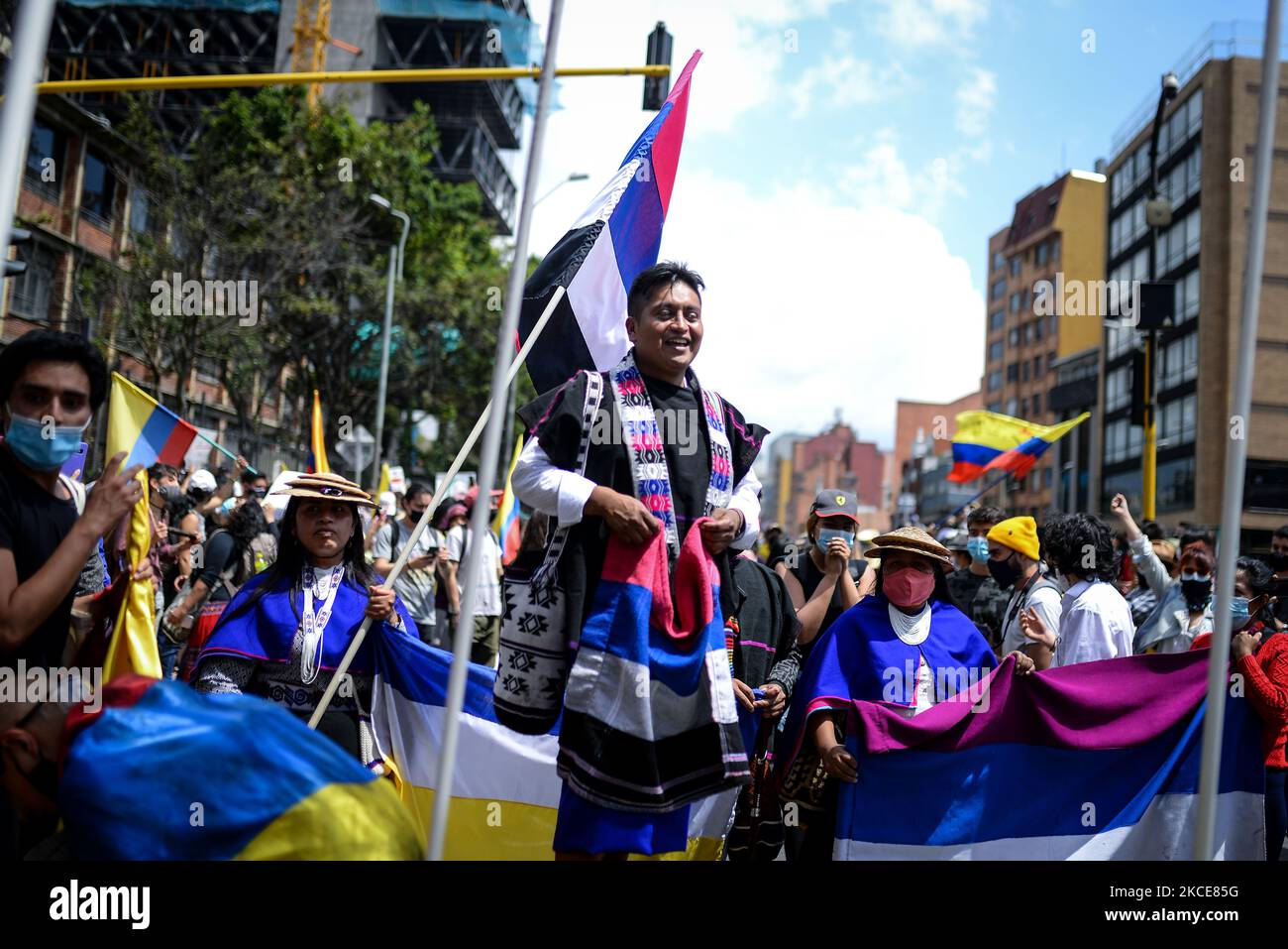 The indigenous people of the Misak people, after having demolished the statue of Gonzalo Jiménez de Quesada as a resistance action in the midst of the National Strike, carried out a peaceful march to the north of the city, in Bogota, Colombia, on May 7, 2021. (Photo by Vannessa Jimenez G/NurPhoto) Stock Photo