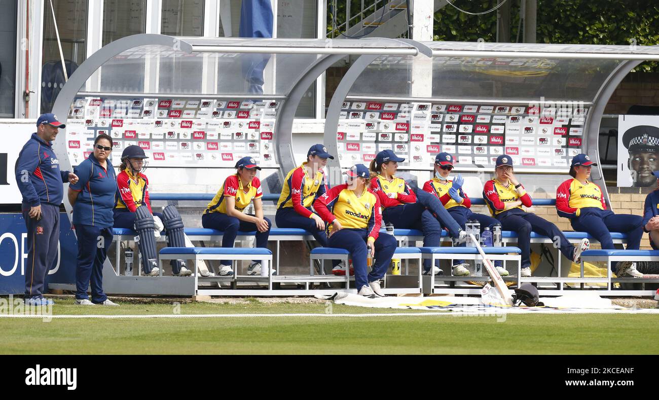 Essex CCC Women players waiting to bat during Womens County T20 South East Group between Essex CCC and Kent CCC at The Cloudfm County Ground Women Chelmsford, on 09th May, 2021 (Photo by Action Foto Sport/NurPhoto) Stock Photo