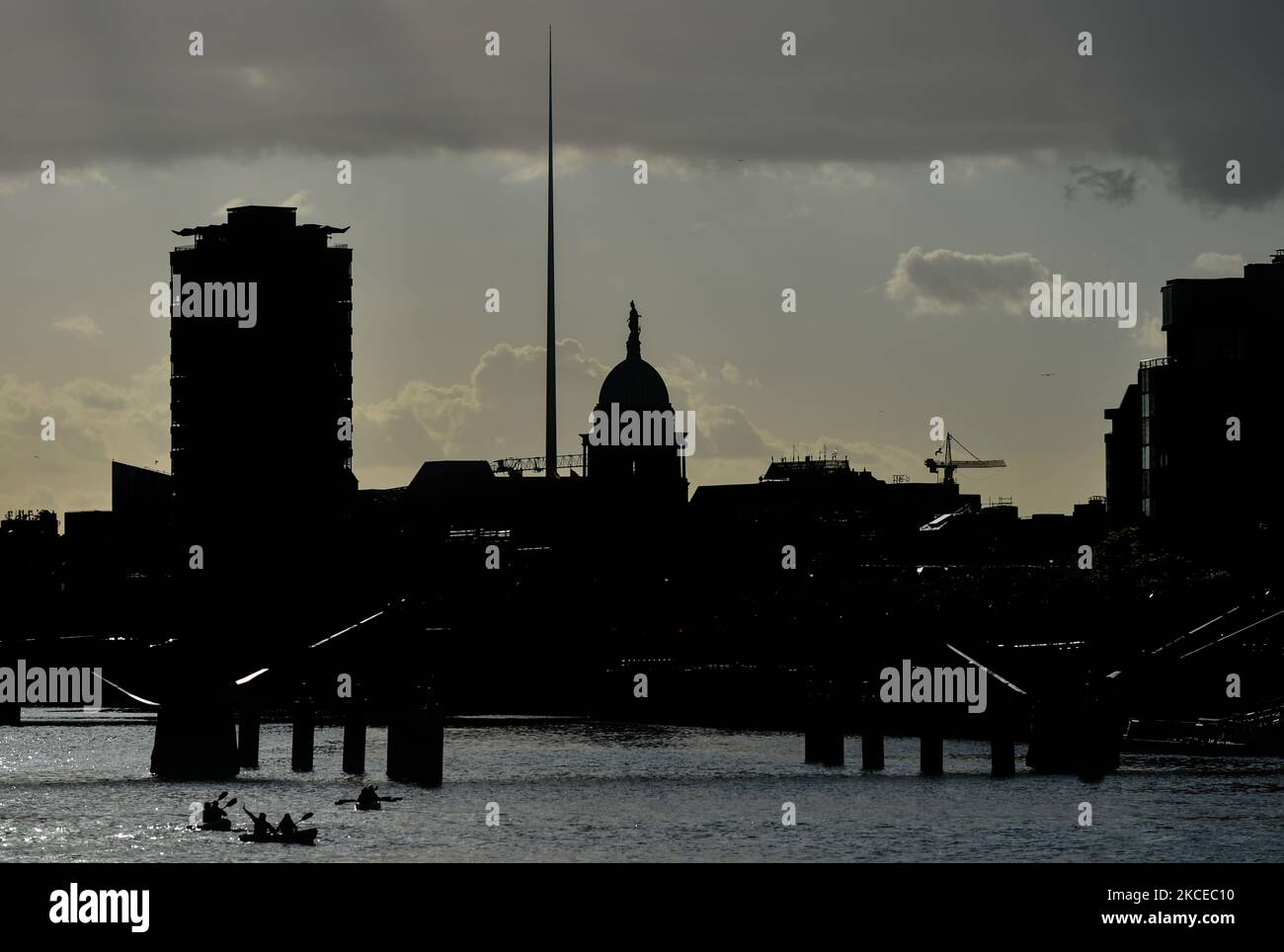View of the Dublin skyline with the 16-story Liberty Hall building, The Spire monument and and the Dome of the Custom House. On Tuesday, 11 May 2021, in Dublin, Ireland. (Photo by Artur Widak/NurPhoto) Stock Photo