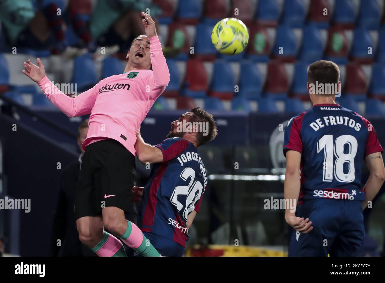 FC Barcelona's midfielder Antoine Griezmann (L) and Levante's forward Jorge Miramon during spanish La Liga match between Levante UD and Futbol Club Barcelona at Ciutat de Valencia Stadium on May 11, 2021. (Photo by Jose Miguel Fernandez/NurPhoto) Stock Photo