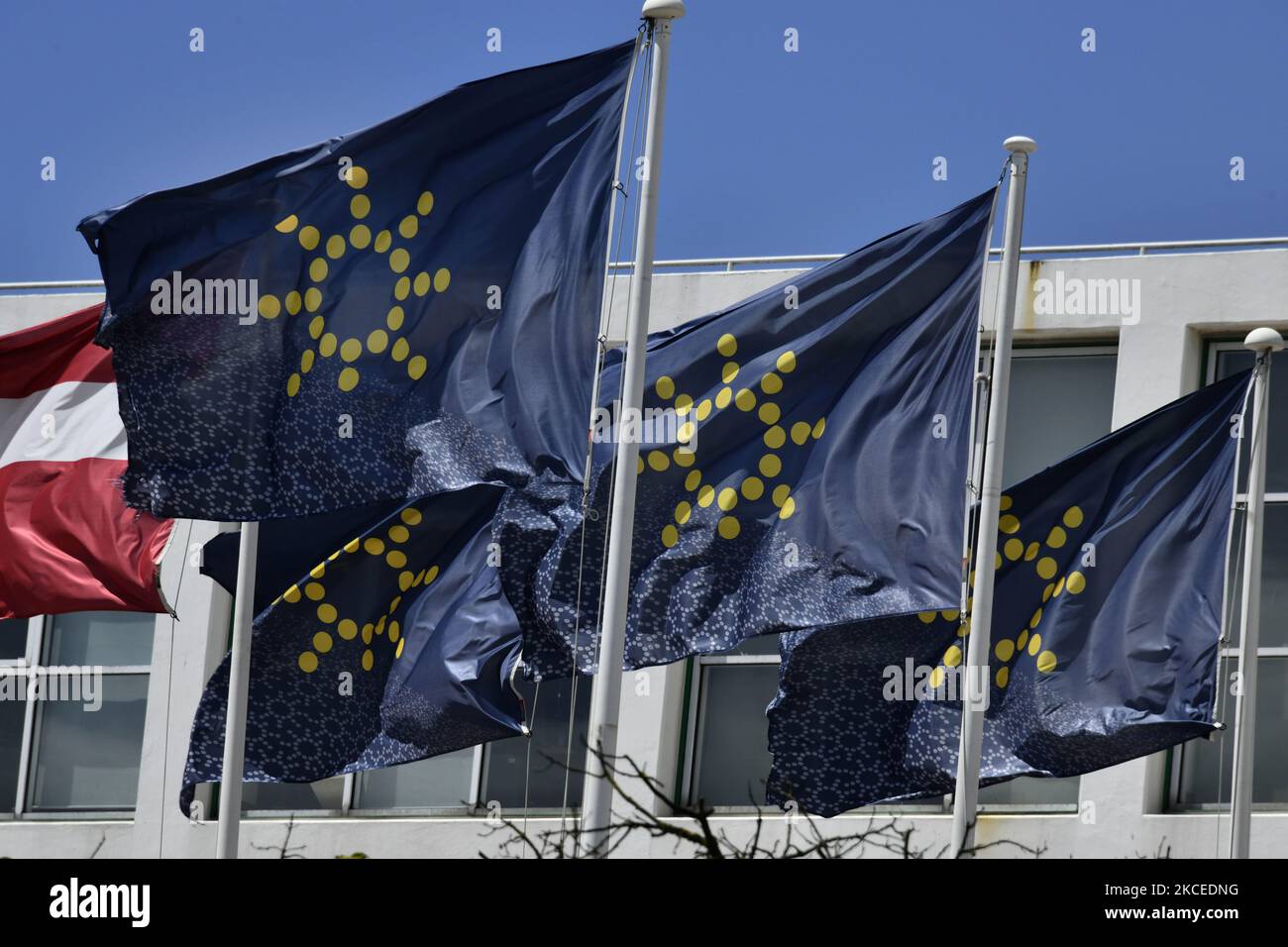 Flags representing the EU Parliament displayed at the entrance of the Portuguese Presidency of the European Parliament, in Belem, Lisbon. 15 May 2021. The European Parliament is the legislative branch of the European Union and one of its seven institutions. Together with the Council, it adopts European legislation, generally on the basis of proposals from the various committees of which it is composed. (Photo by Jorge Mantilla/NurPhoto) Stock Photo
