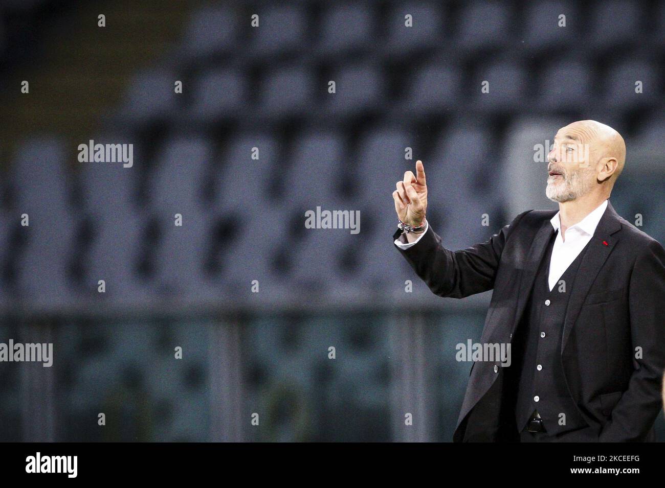 Milan coach Stefano Pioli gestures during the Serie A football match n.36 TORINO - MILAN on May 12, 2021 at the Stadio Olimpico Grande Torino in Turin, Piedmont, Italy. Final result: Torino-Milan 0-7. Sporting stadiums around Italy remain under strict restrictions due to the Coronavirus Pandemic as Government social distancing laws prohibit fans inside venues resulting in games being played behind closed doors. (Photo by Matteo Bottanelli/NurPhoto) Stock Photo