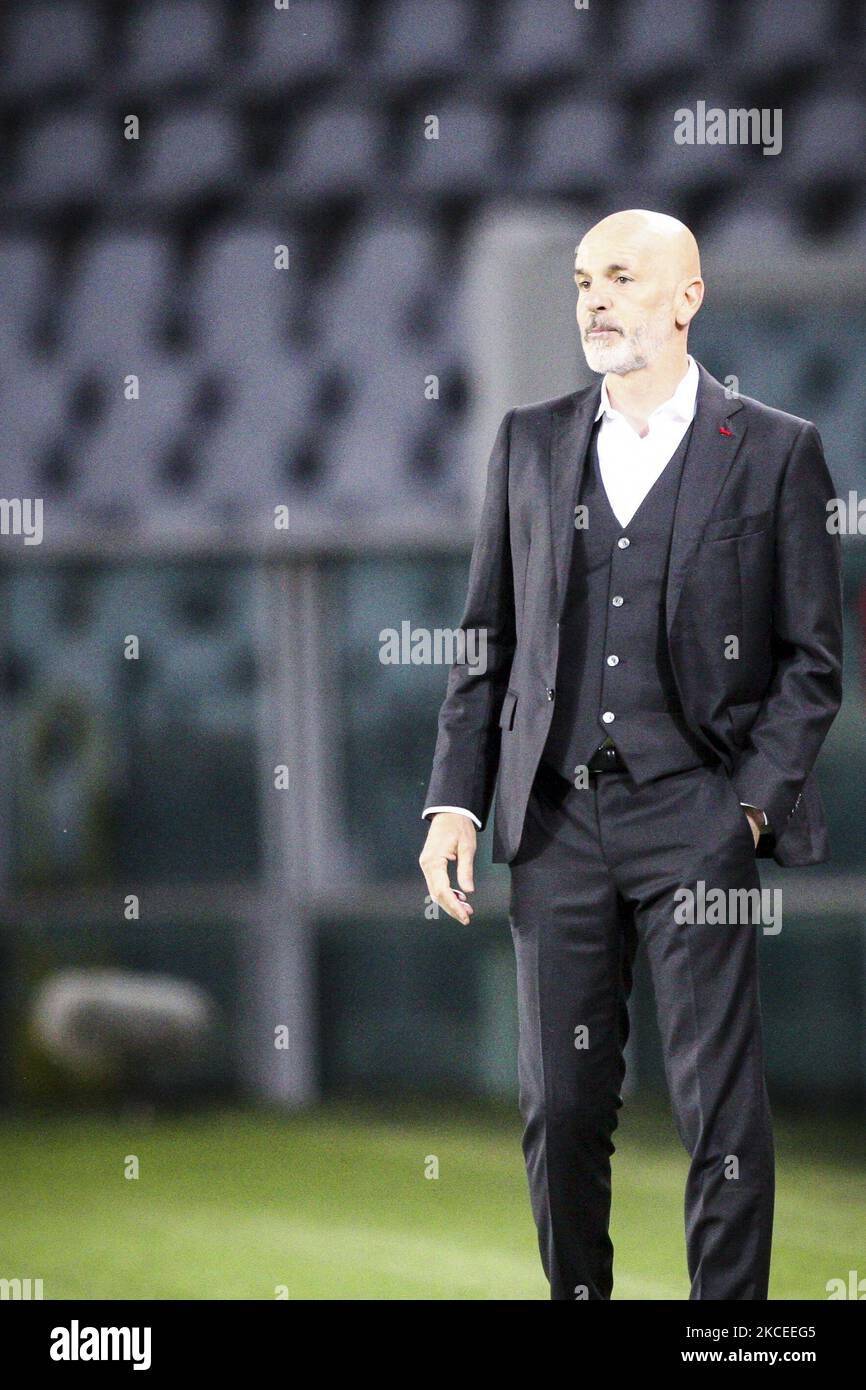 Milan coach Stefano Pioli gestures during the Serie A football match n.36 TORINO - MILAN on May 12, 2021 at the Stadio Olimpico Grande Torino in Turin, Piedmont, Italy. Final result: Torino-Milan 0-7. Sporting stadiums around Italy remain under strict restrictions due to the Coronavirus Pandemic as Government social distancing laws prohibit fans inside venues resulting in games being played behind closed doors. (Photo by Matteo Bottanelli/NurPhoto) Stock Photo