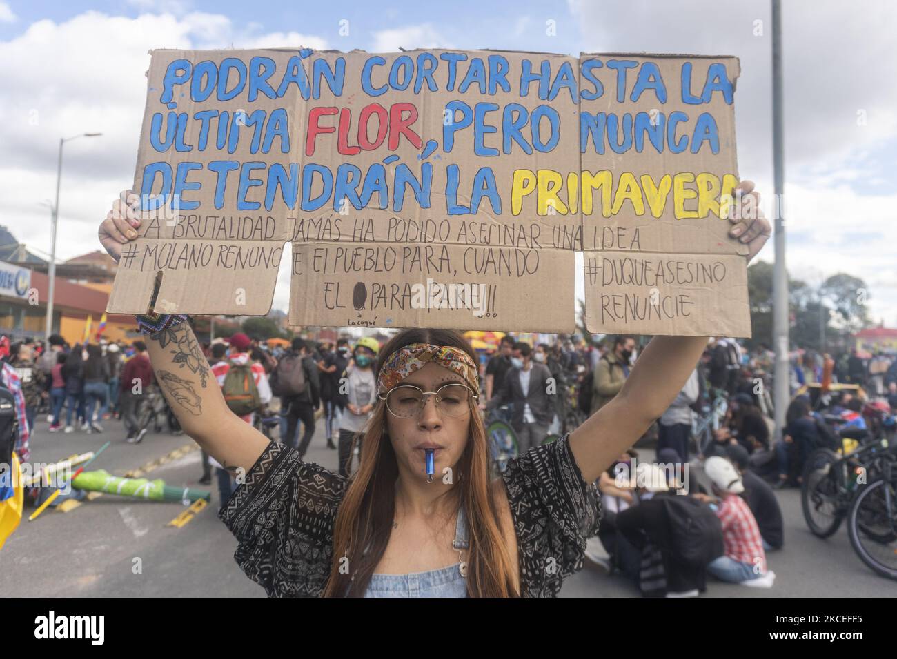 A woman protesting in Bogota. Colombia celebrates 15 days of national strike against the Government of Iván Duque. (Photo by Daniel Garzon Herazo/NurPhoto) Stock Photo