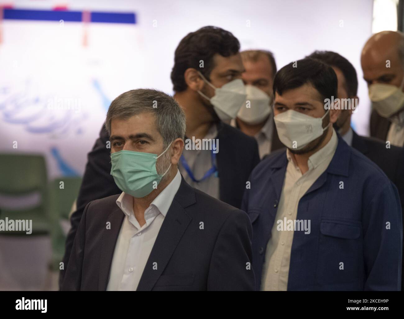 Fereydoon Abbasi (L), former Head of Iran’s Atomic Energy Organization (IAEA) attends the Interior Ministry building to register as Iran’s 2021 presidential elections candidate in central Tehran on May 14, 2021. (Photo by Morteza Nikoubazl/NurPhoto) Stock Photo