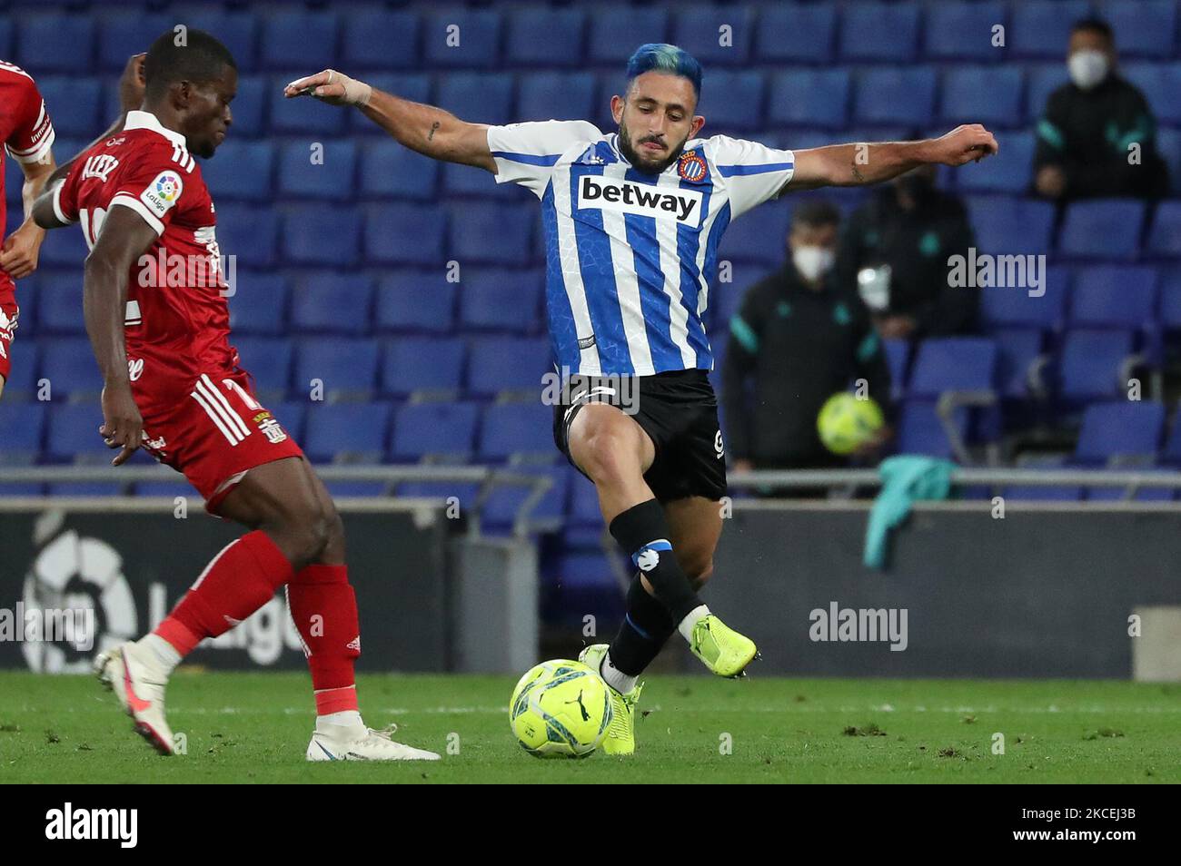 Matias Vargas and Ramon Azeez during the match between RCD Espanyol and FC Cartagena, corresponding to the week 39 of the Liga Smartbank, played at the RCDE Stadium on 14th May 2021, in Barcelona, Spain. (Photo by Joan Valls/Urbanandsport/NurPhoto) Stock Photo