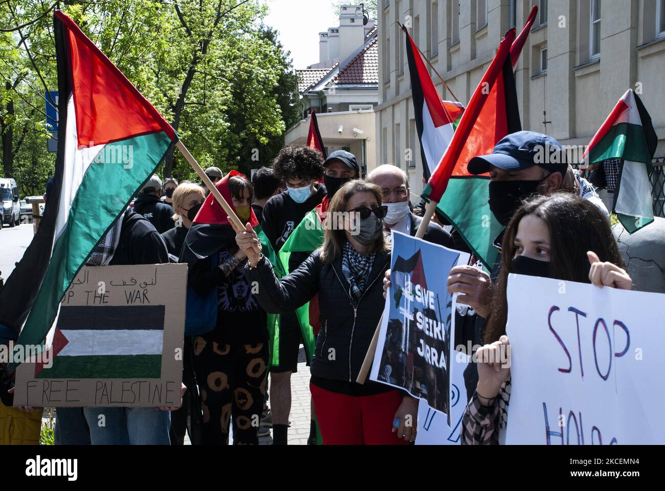 Palestinians and Poles (mostly from unions, left-wing organizations or anarchists) gathered in Warsaw, Poland, on May 15, 2021 in a protest against Israel aggression in Gaza and West Bank. The protest took place opposite to the Embassy of Israel in Poland and gathered around 200 participants. Protesters named Israel activities as a 'modern apartheid' and 'genocide, not a conflict', as well raised slogans of free Palestine. (Photo by Piotr Lapinski/NurPhoto) Stock Photo