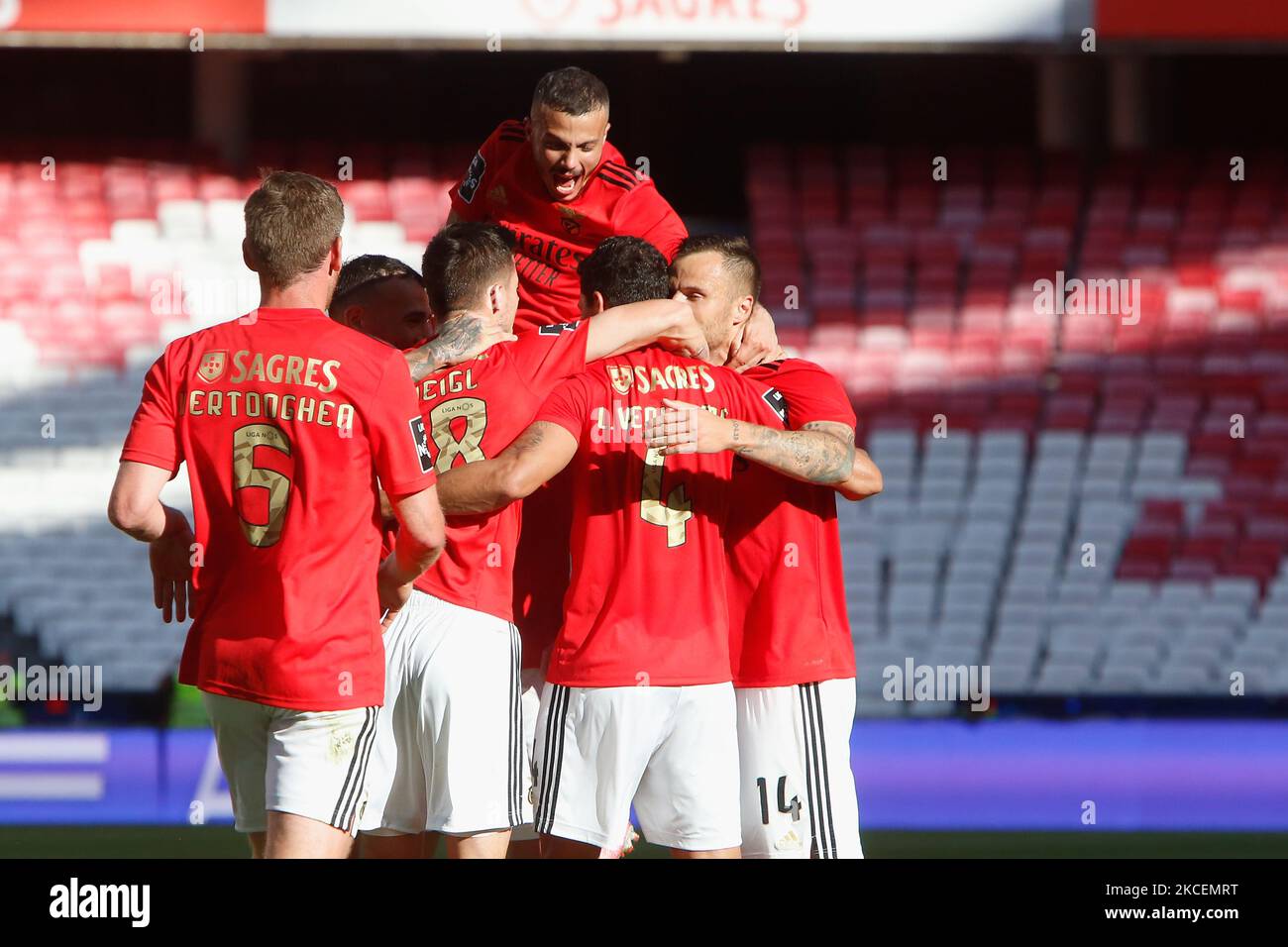 Players of SL Benfica celebrate scoring a goal during the Liga NOS