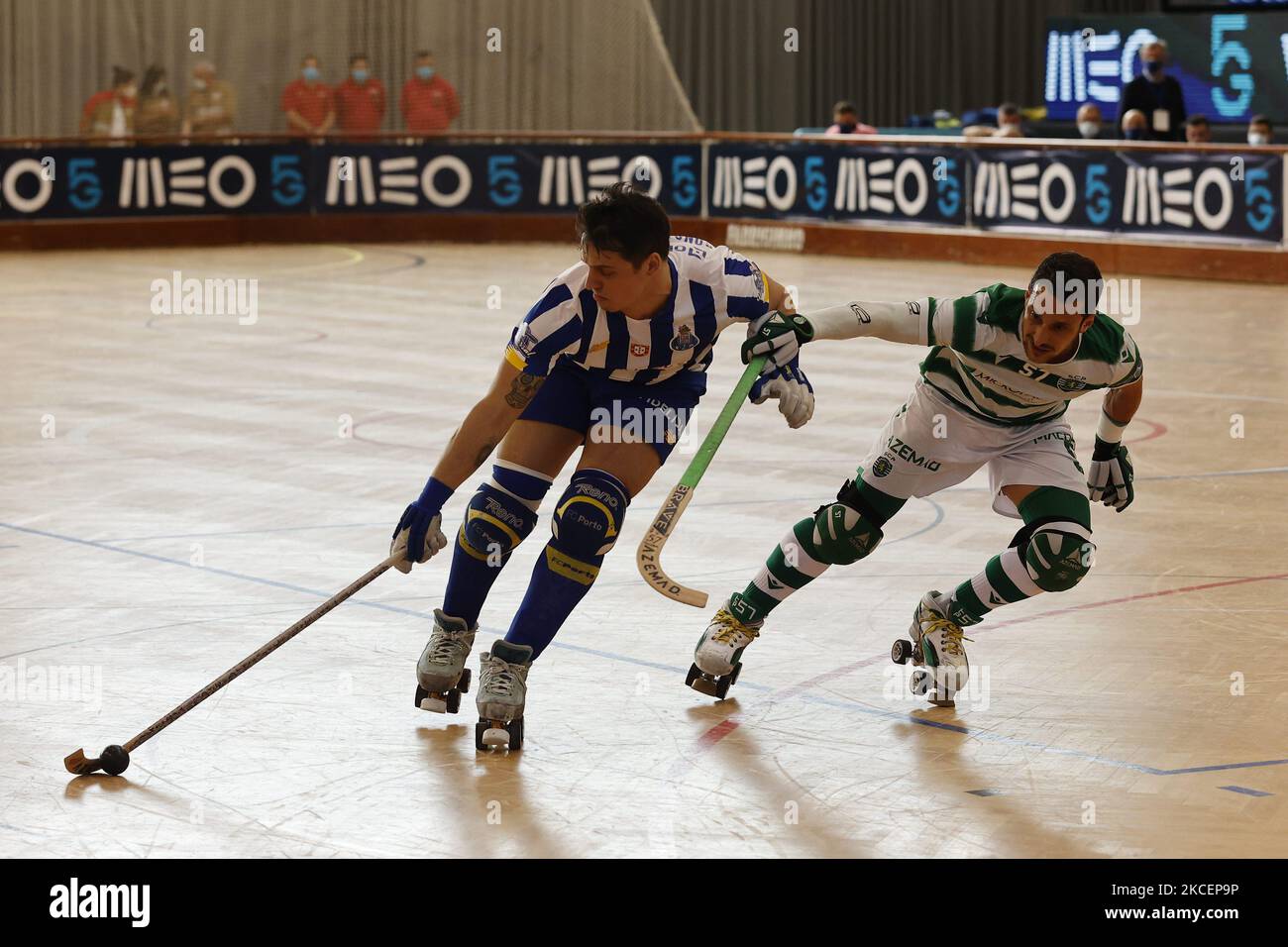 Gonçalo Alves (L) in action against Toni Perez (R) during the match for Euroliga Rink Hockey Final between FC Porto and Sporting CP, at Pavillhao do Luso, Luso, Portugal, 16, May, 2021 (Photo by João Rico/NurPhoto) Stock Photo