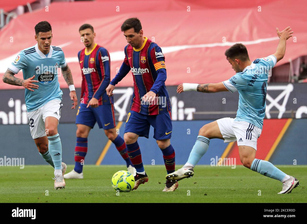 Fran Beltran, Leo Messi and Santi Mina during the match between FC Barcelona and Real Club Celta, corresponding to the week 37 of the Liga Santander, played at the Camp Nou Stadium on 16th May 2021, in Barcelona, Spain. -- (Photo by Urbanandsport/NurPhoto) Stock Photo